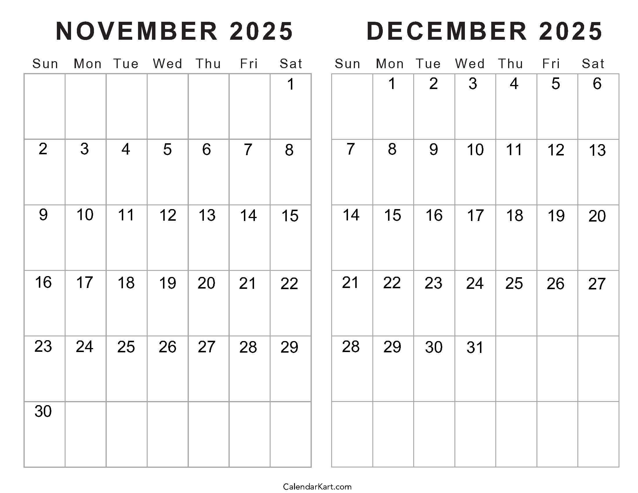 Printable November December 2025 Calendars | Calendarkart throughout December 2025 November 2025 Calendar
