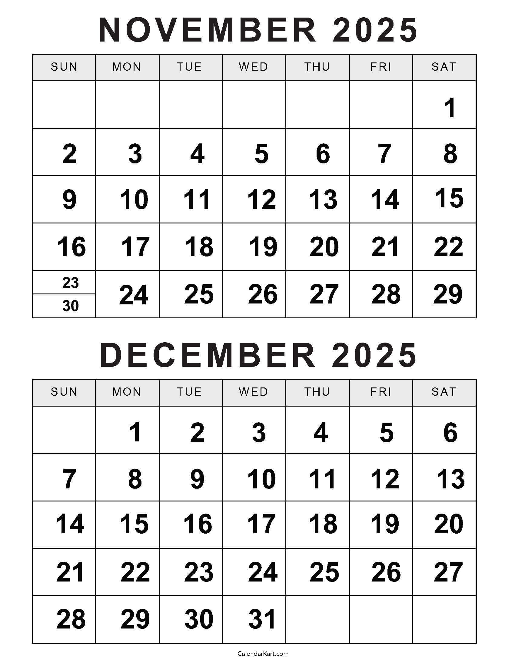 Printable November December 2025 Calendars | Calendarkart within Free Printable Calendar For November And December 2025