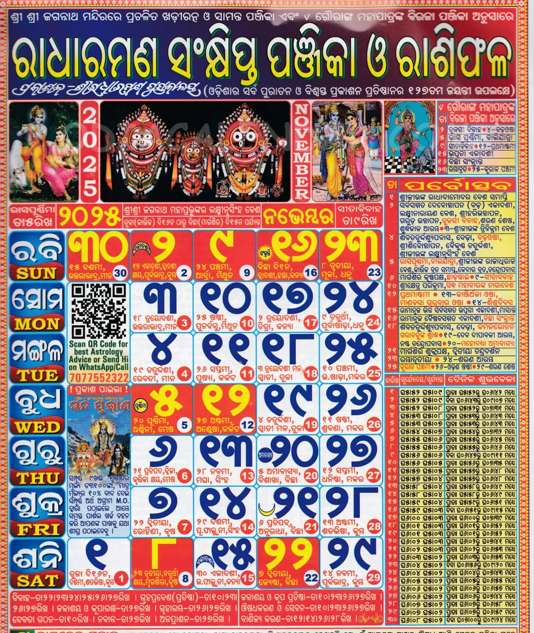 Radharaman Odia Calendar November 2025: Festivals, Auspicious Days pertaining to Biraja Calendar 2025 November