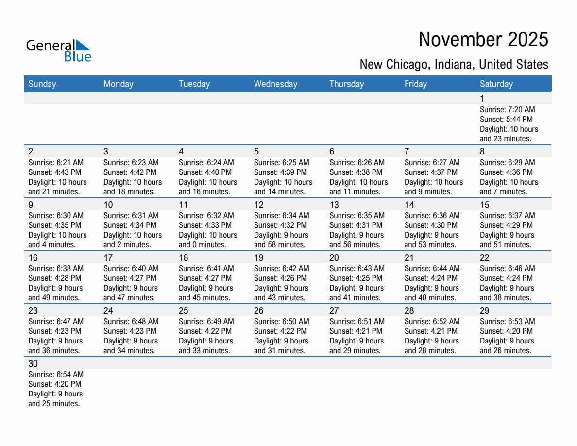 Sunrise And Sunset Times In New Chicago, Indiana, United States in November 2025 Calendar Chicago