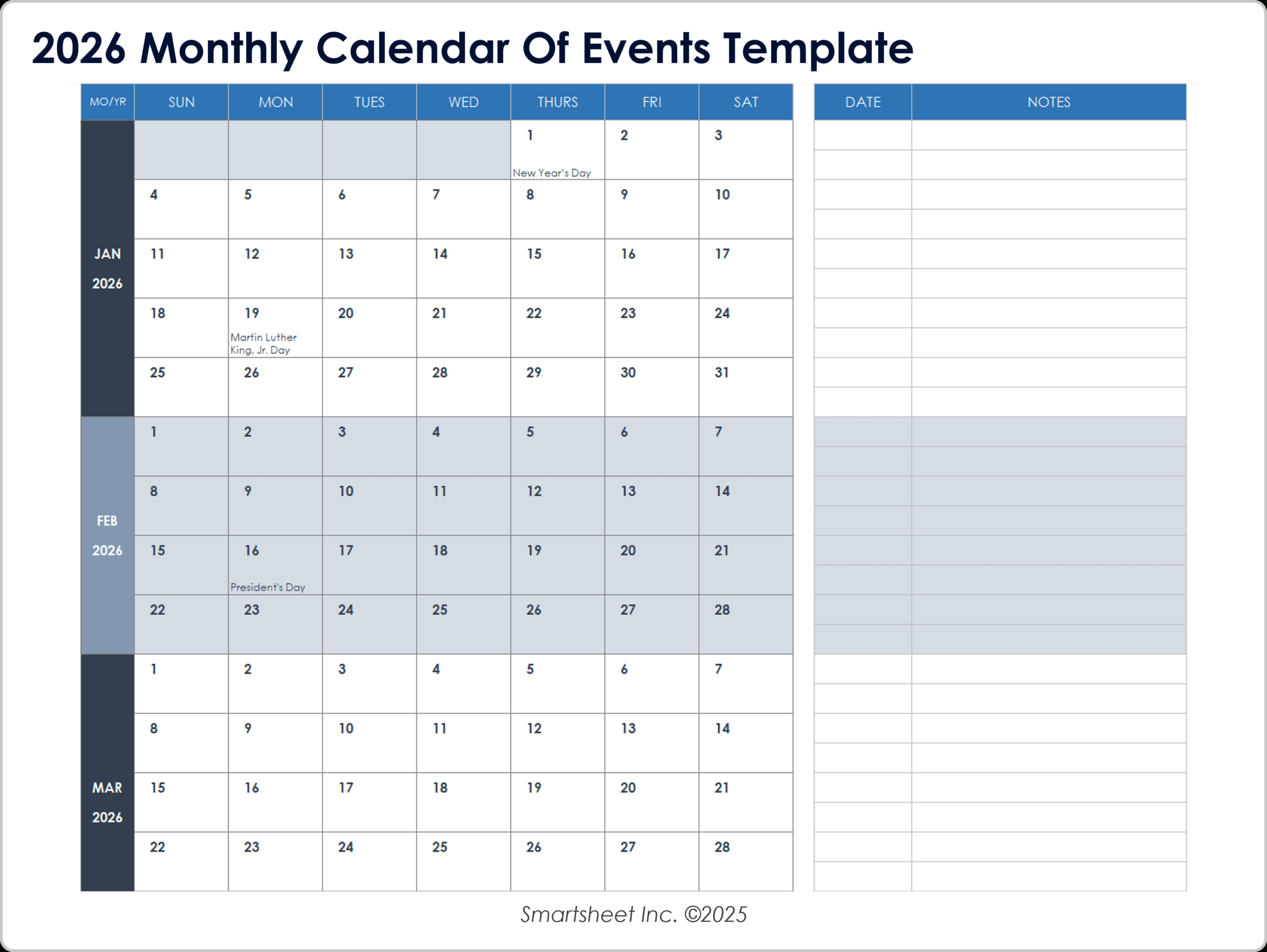 15 Free 2026 Monthly Calendar Templates | Smartsheet inside Absence Calendar 2026 Template