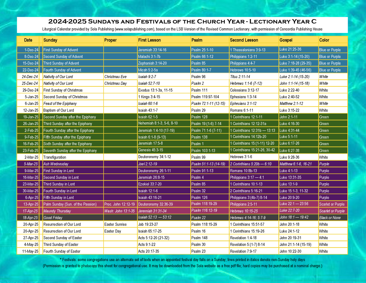 2024-2025 Liturgical Calendar (Year C) K-2025 | Sola Publishing within Elca Liturgical Calendar 2026