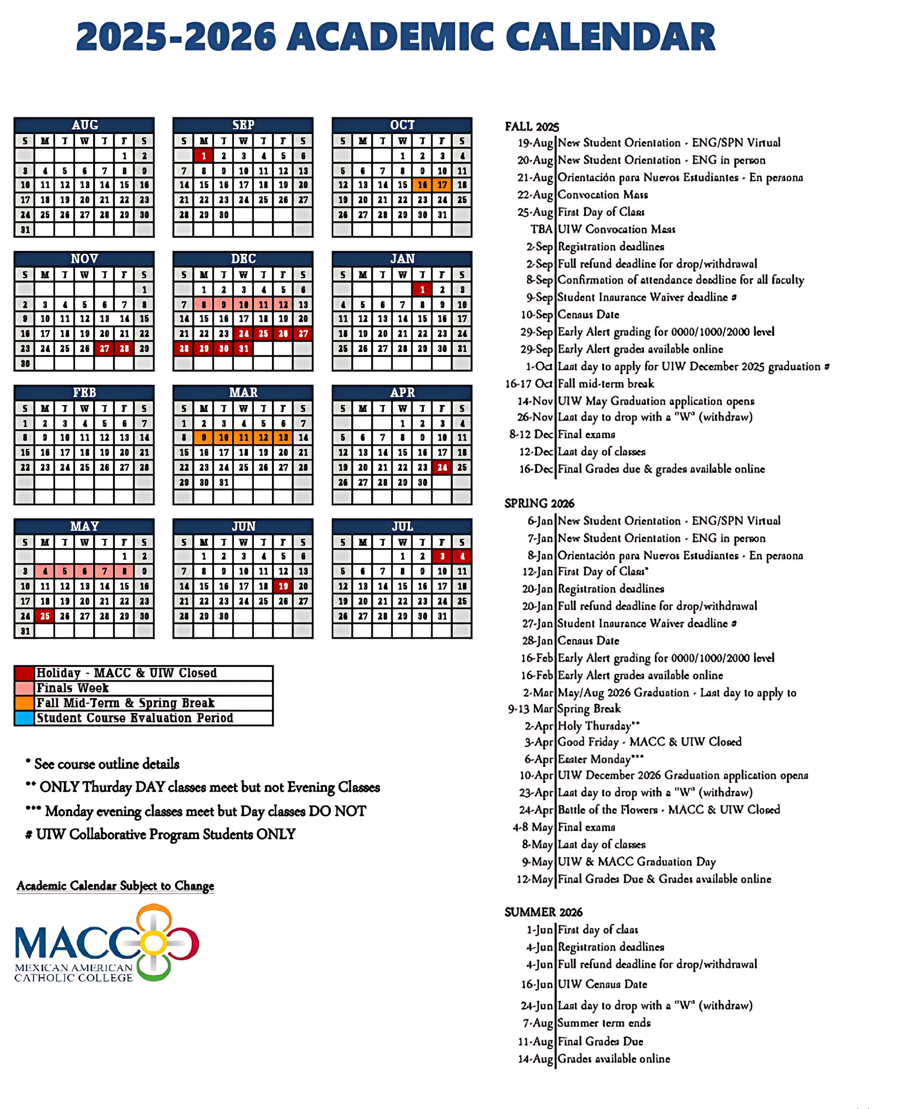 2025-2026 Macc Academic Calendar Image - Macc inside Catholic University Academic Calendar 2026