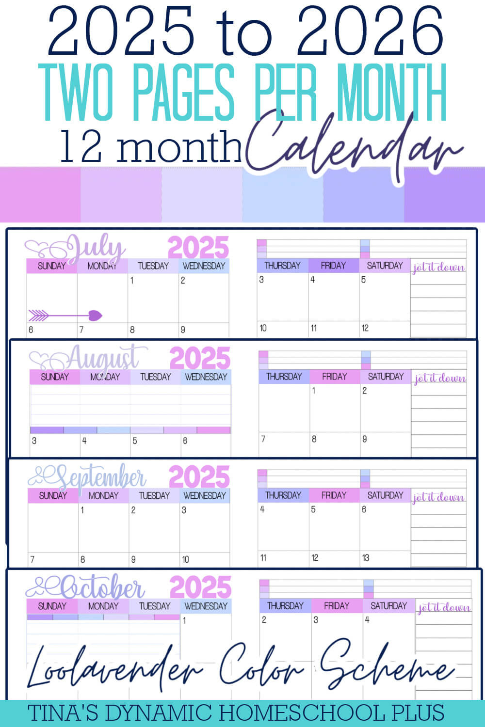 2025-2026 Two Pages Per Month Calendar – Loolavender Color with 2026 Calendar Printable 2 Months Per Page
