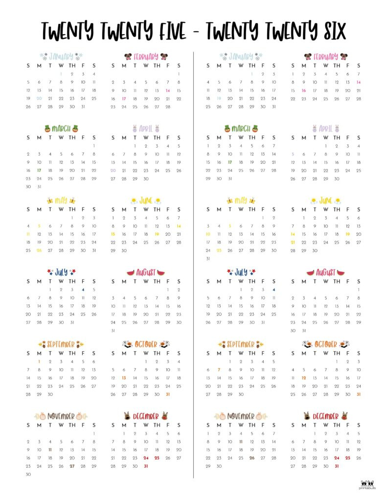 2025-2026 Two Year Calendars - 10 Free Cals | Printabulls with 2025 to 2026 Calendar Printable Free