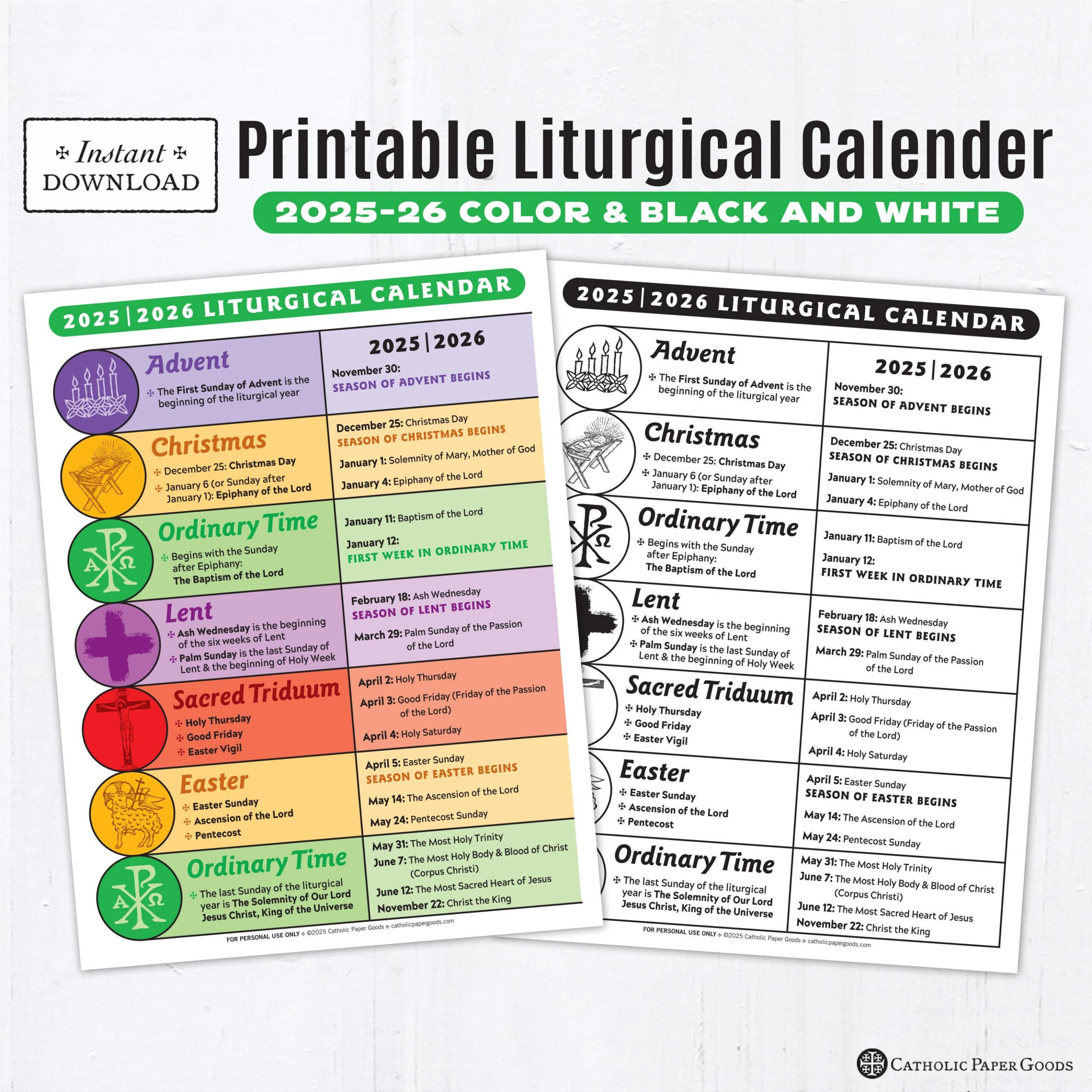 2025-26 Catholic Liturgical Calendar: Color &amp;amp; Bw Printable (Pdf within NZ Catholic Liturgical Calendar 2026