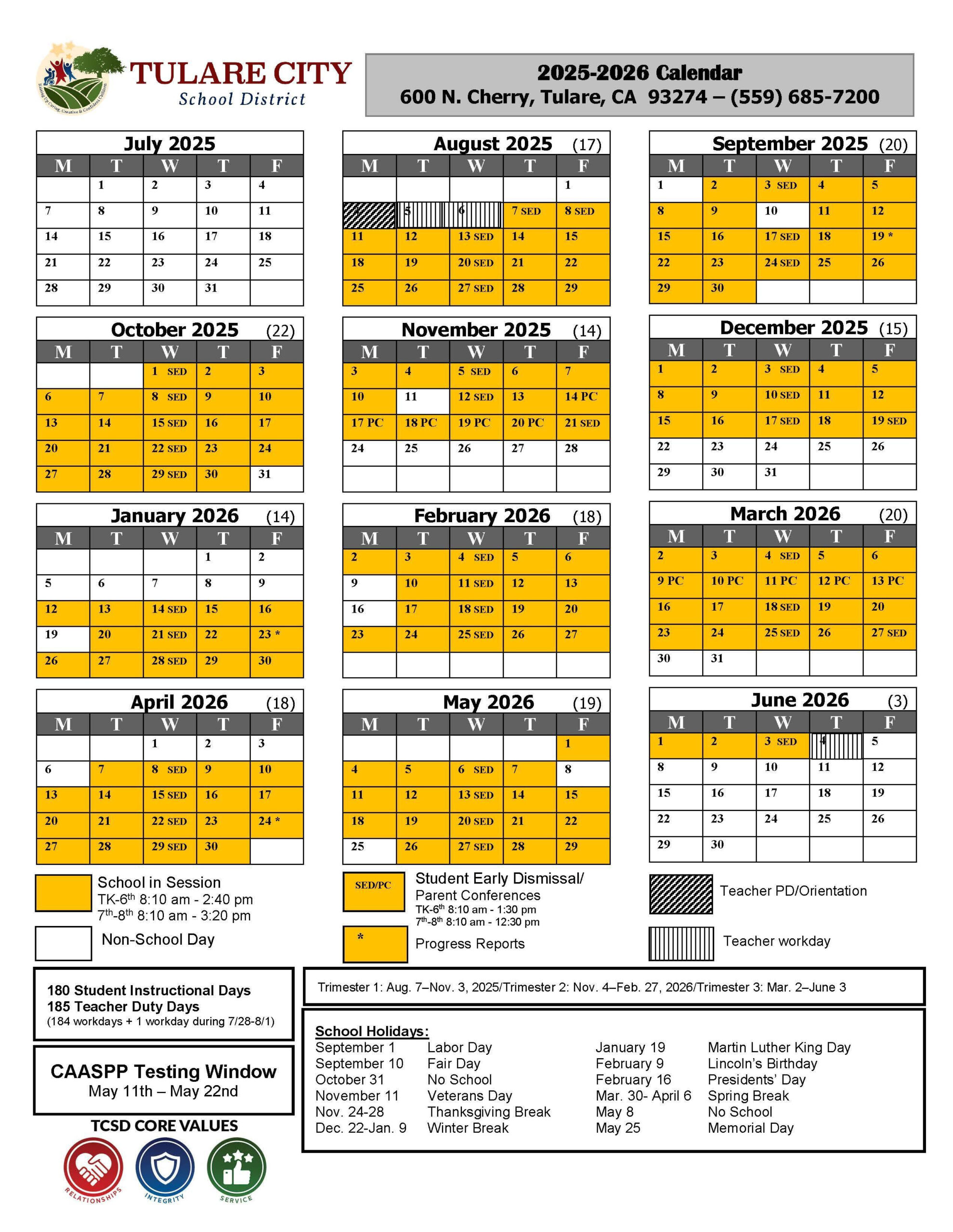 2025-26 Tcsd Calendar | Tulare City School District pertaining to Tusd 2025 to 2026 Calendar Printable