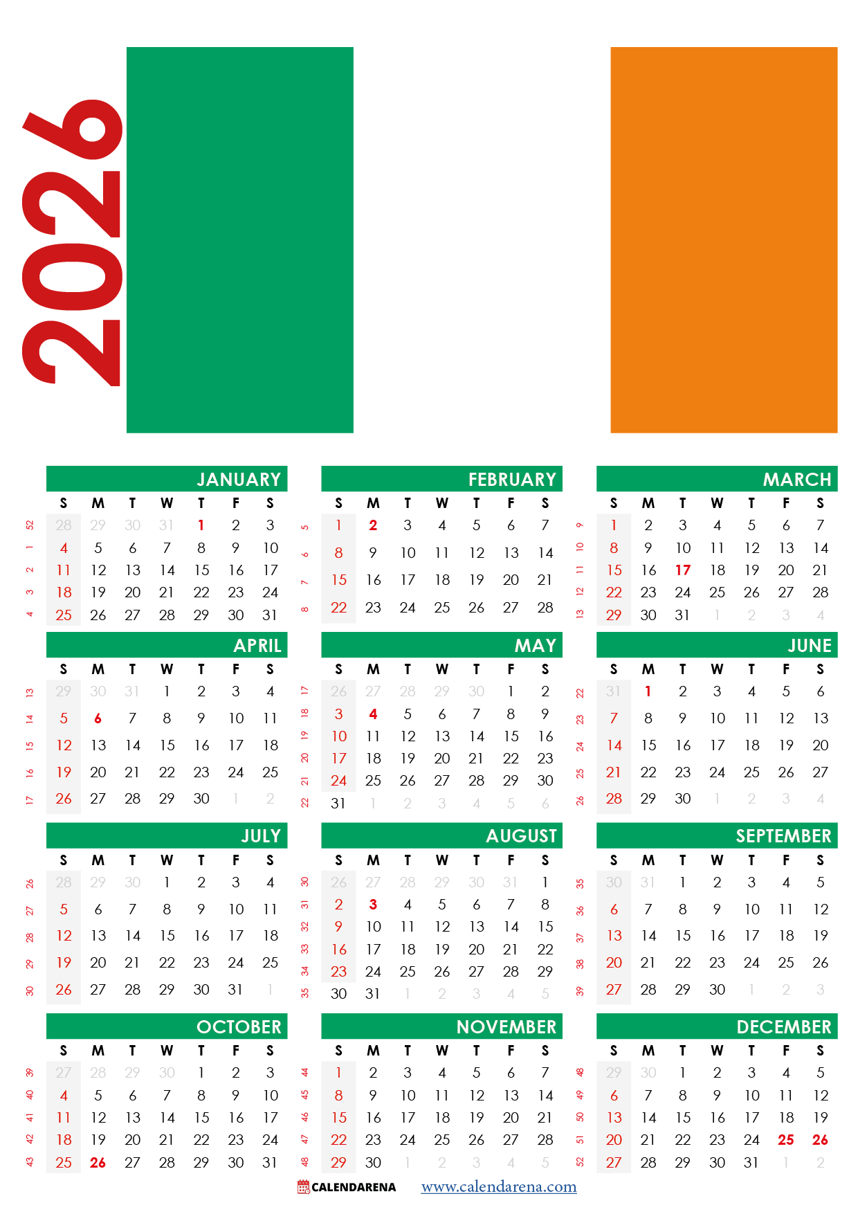 2025 Calendar Ireland With Holidays inside Calendar 2026 Printable Ireland