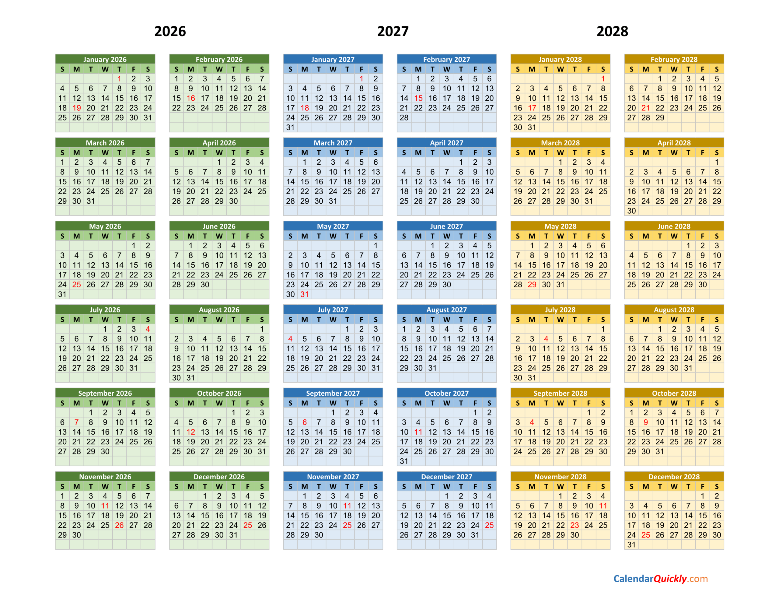 2026-2027-2028 Calendar | Calendar Quickly inside Printable 3 Year Calendar 2026 2027 2028
