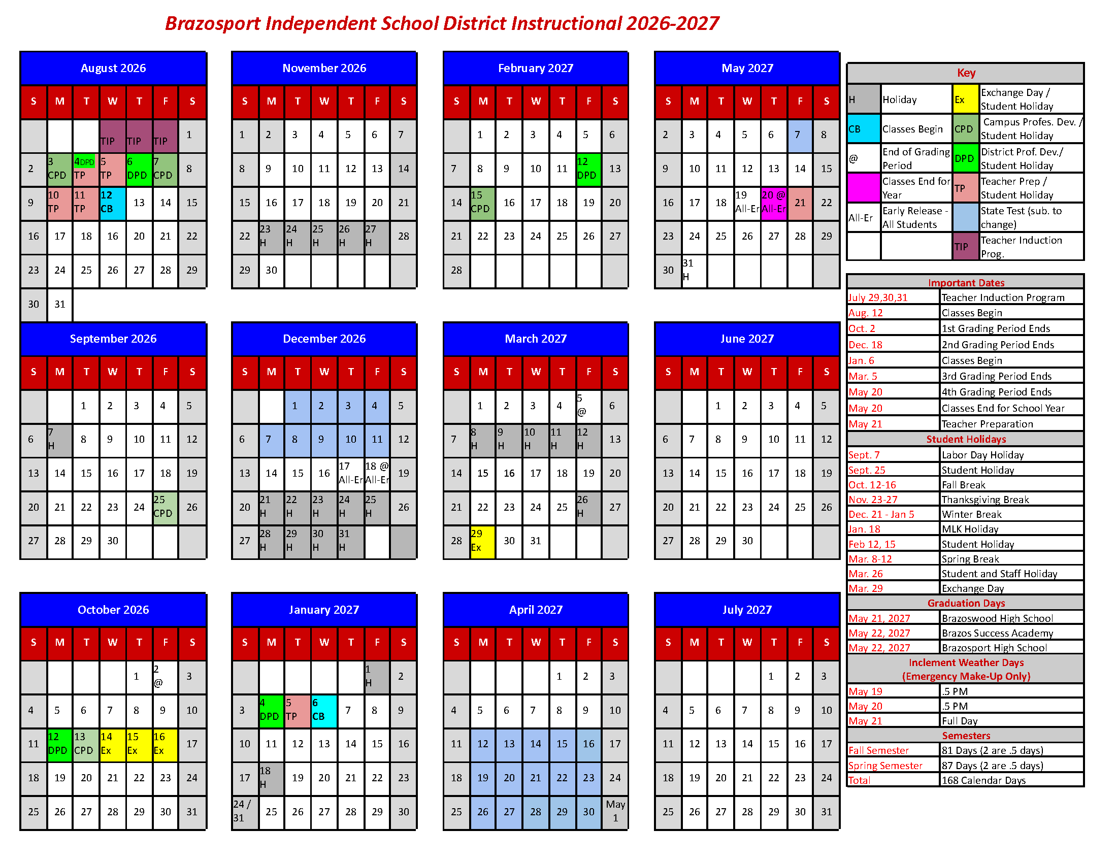 2026–2027 Calendar - Brazosport Independent School District in K12 Calendar 2026 - 2027