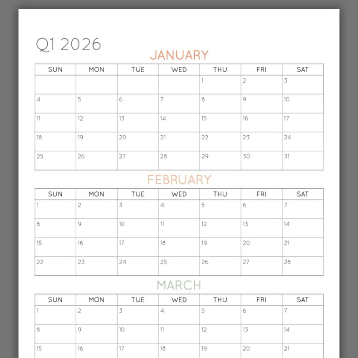 2026 3-Month Quarterly Calendar Printables - Free in 2026 Quarterly Calendar Printable
