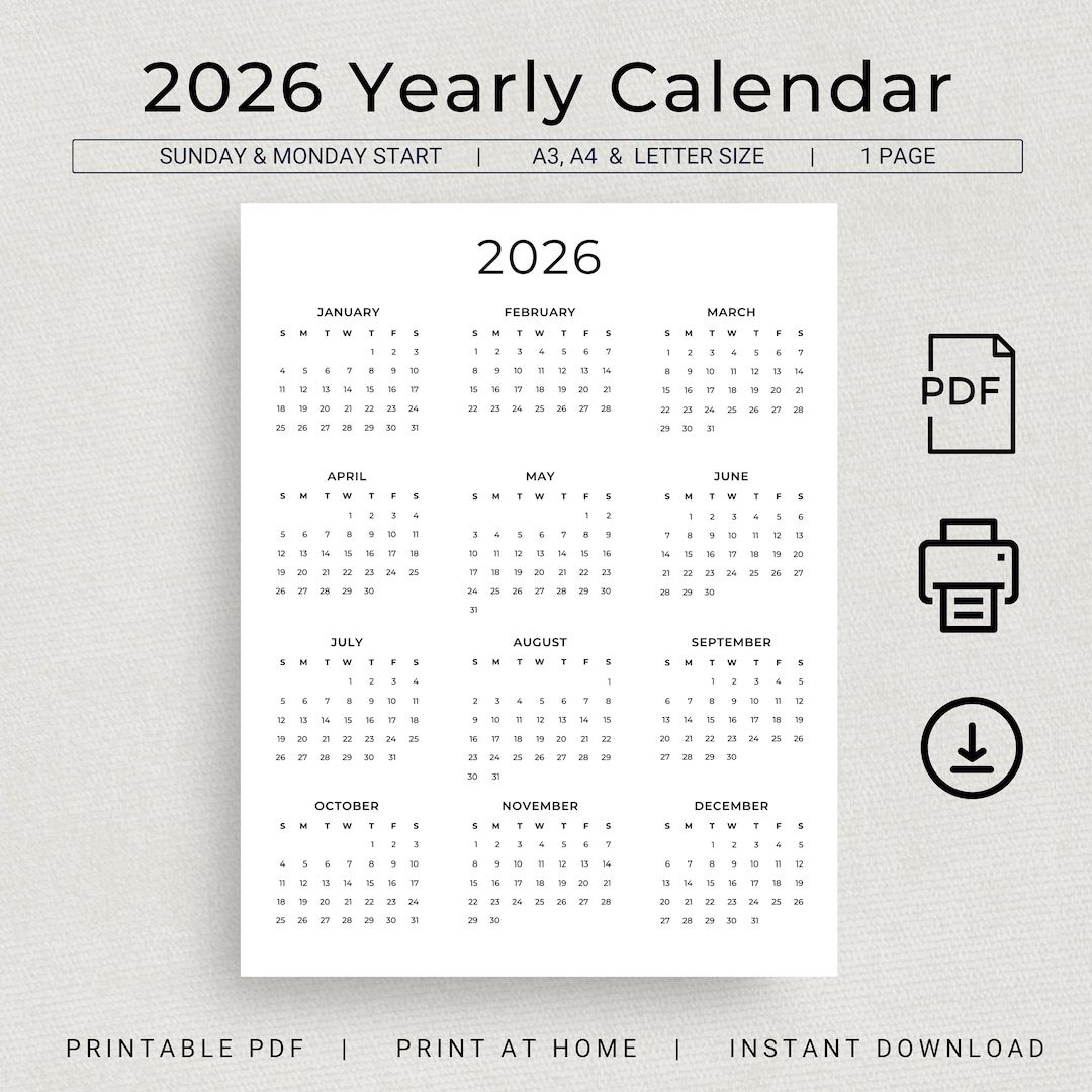 2026 Calendar 2026 Yearly Calendar Printable 2026 Wall Calendar throughout At A Glance Yearly Calendar 2026