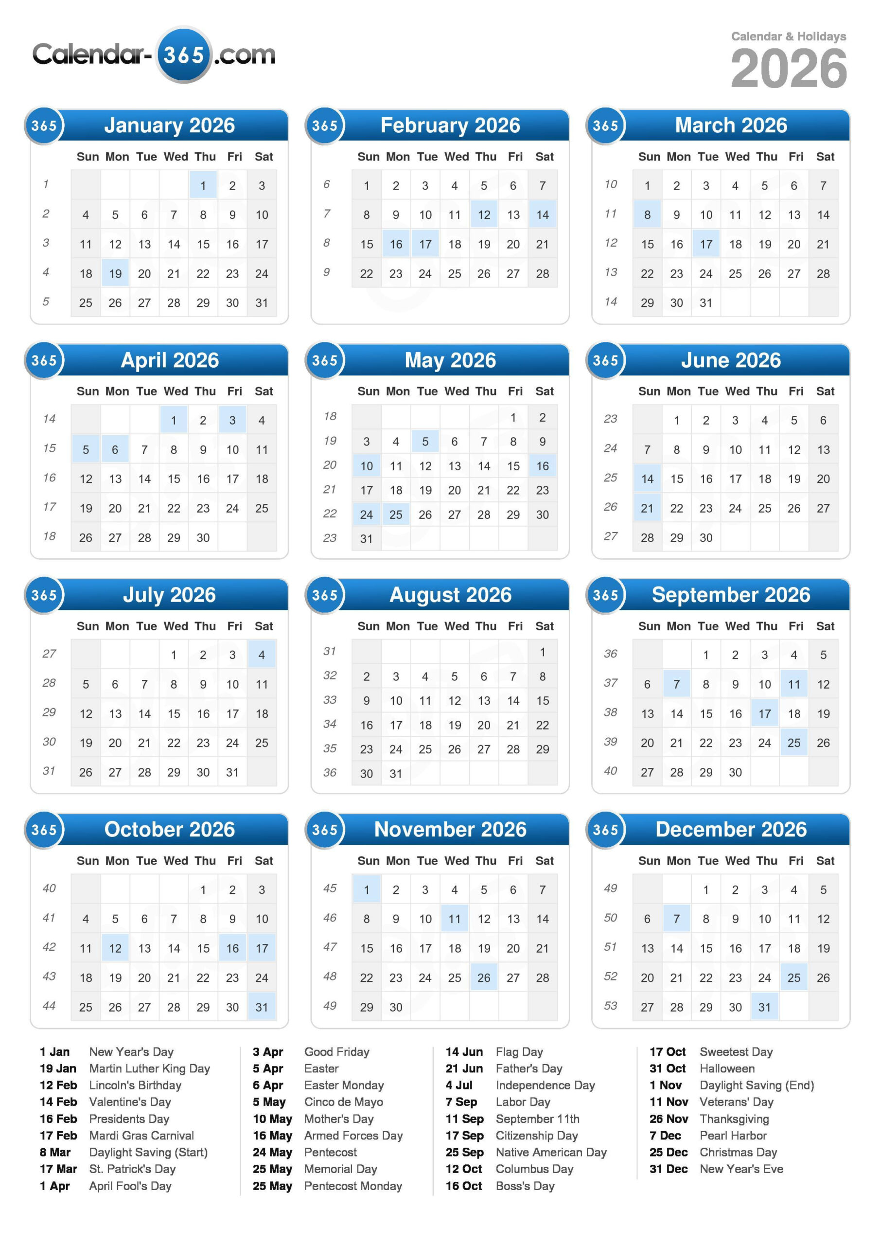 2026 Calendar for 2026 Calendar Printable 365