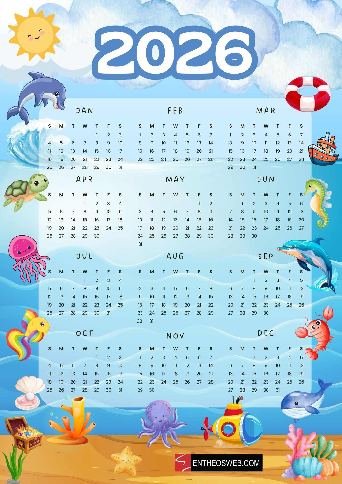 2026 Calendar For Kids – Cute Single Page Full Year Pdf Printable pertaining to Printable Calendar 2026 For Kids