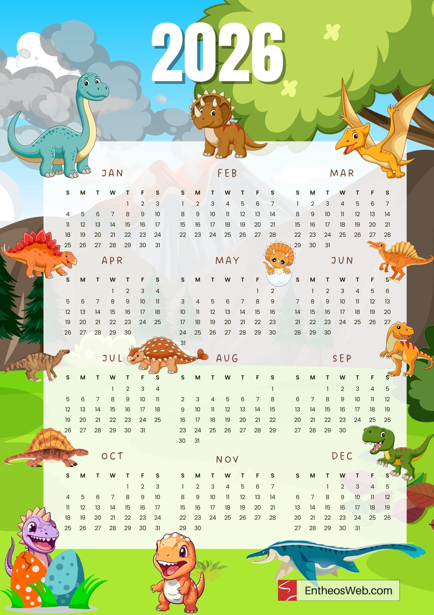 2026 Calendar For Kids – Cute Single Page Full Year Pdf Printable regarding Printable Calendar 2026 For Kids