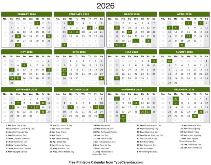 2026 Calendar Printable Holidays