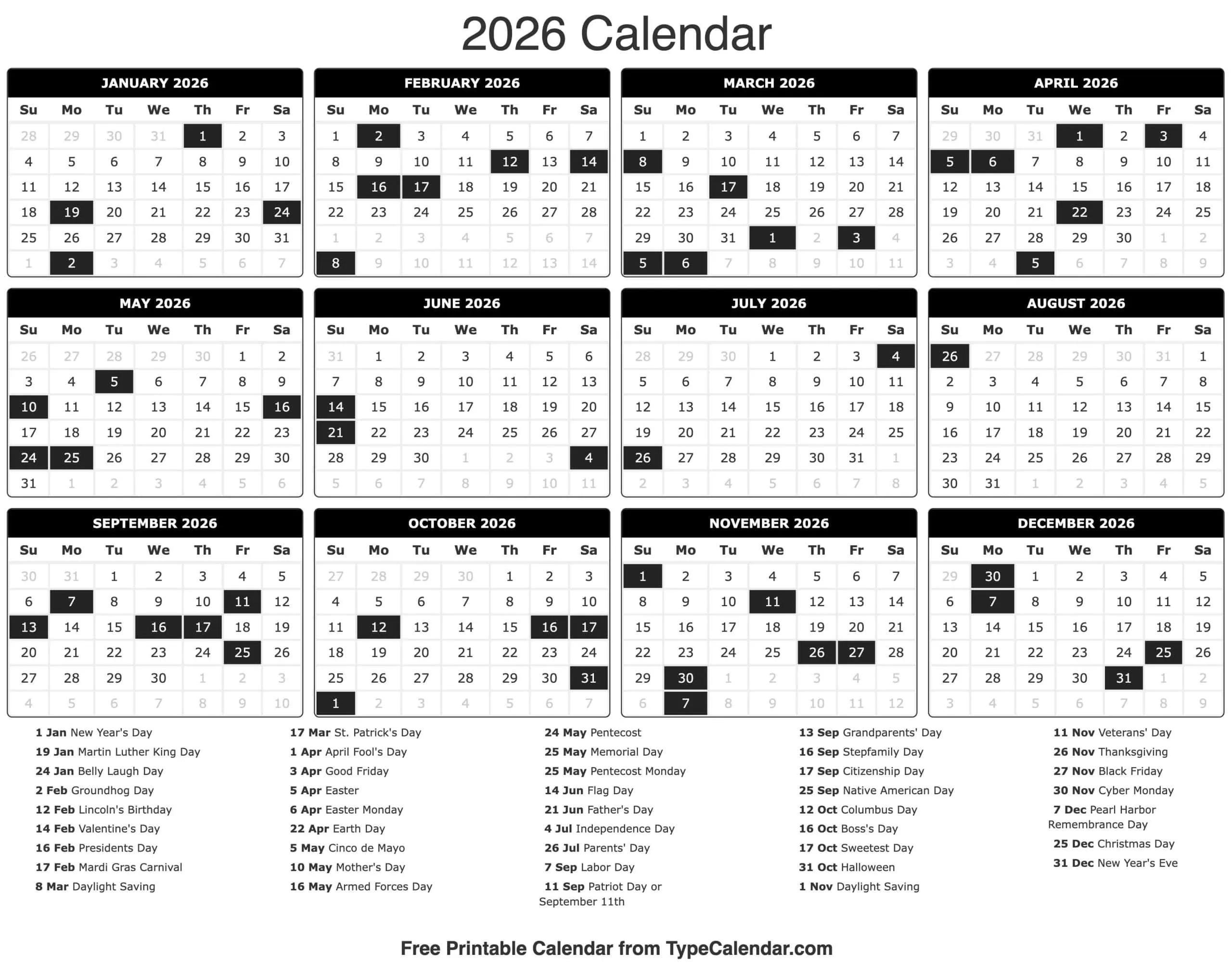 2026 Calendar - Free Printable Calendar With Holidays with 2026 Calendar Printable General Blue