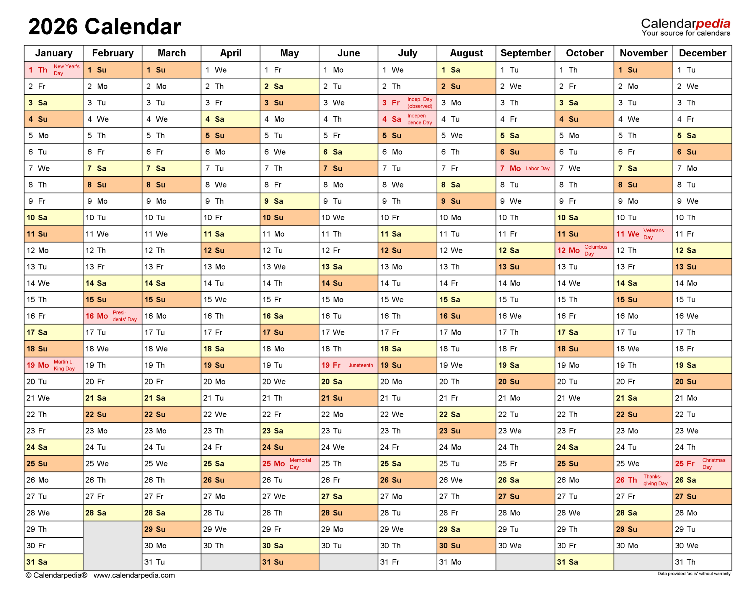 2026 Calendar - Free Printable Pdf Templates | Calendarpedia inside Employee Attendance Calendar 2026 Printable Free