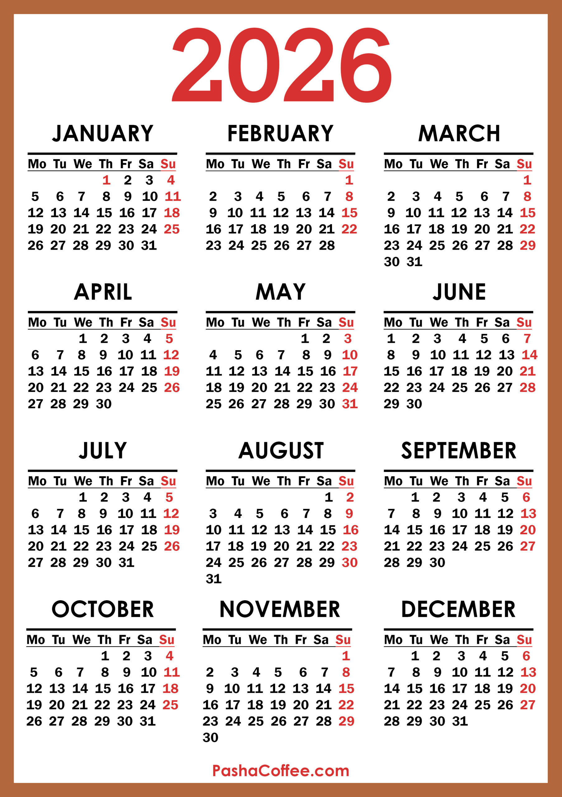 2026 Calendar, Printable Free, Vertical, Monday Start inside Free Printable 2026 Calendar without Download