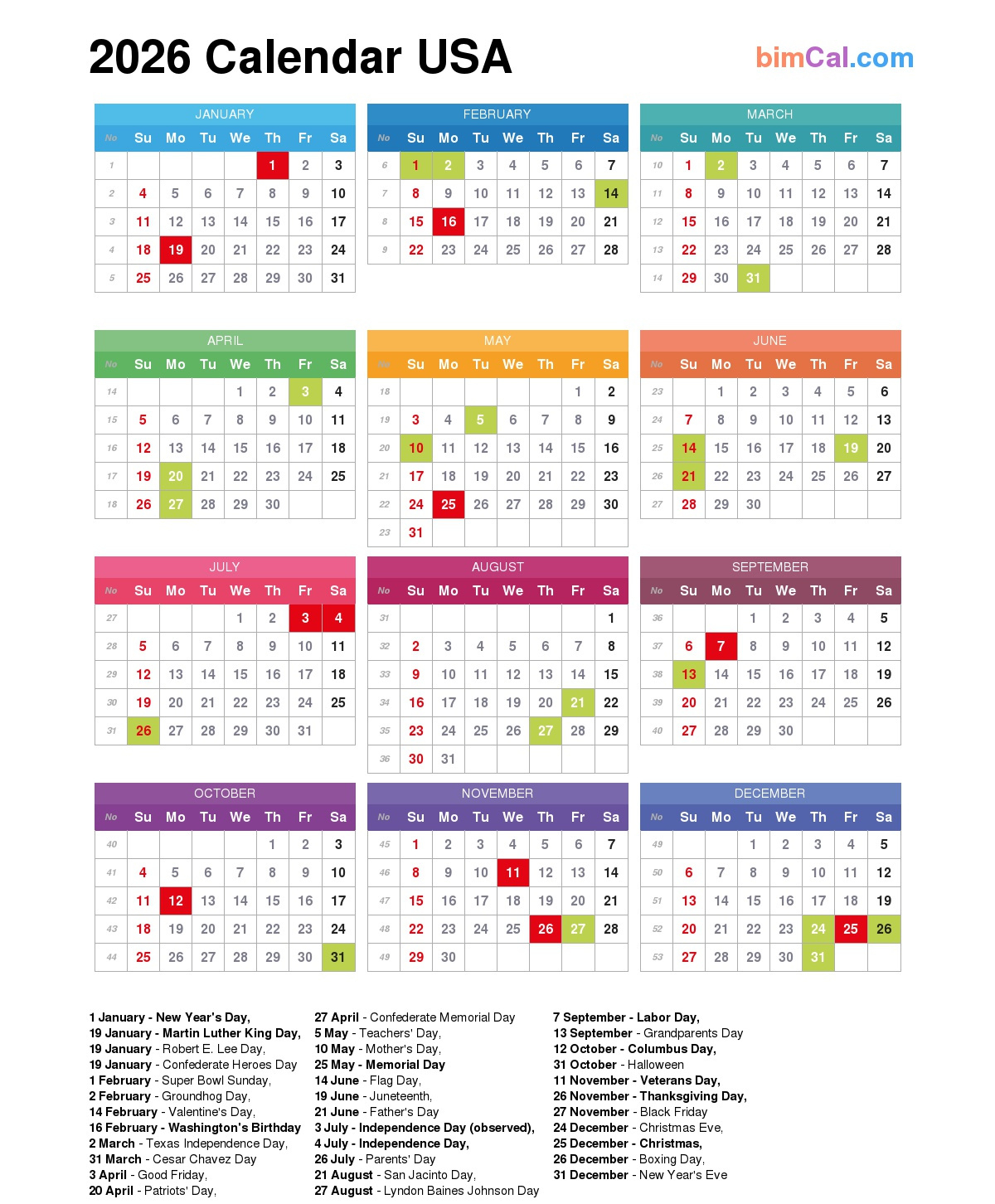 2026 Calendar Usa - Bimcal intended for 2026 Calendar Printable Us