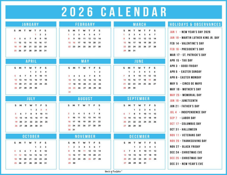 Holiday Calendar 2026 Printable