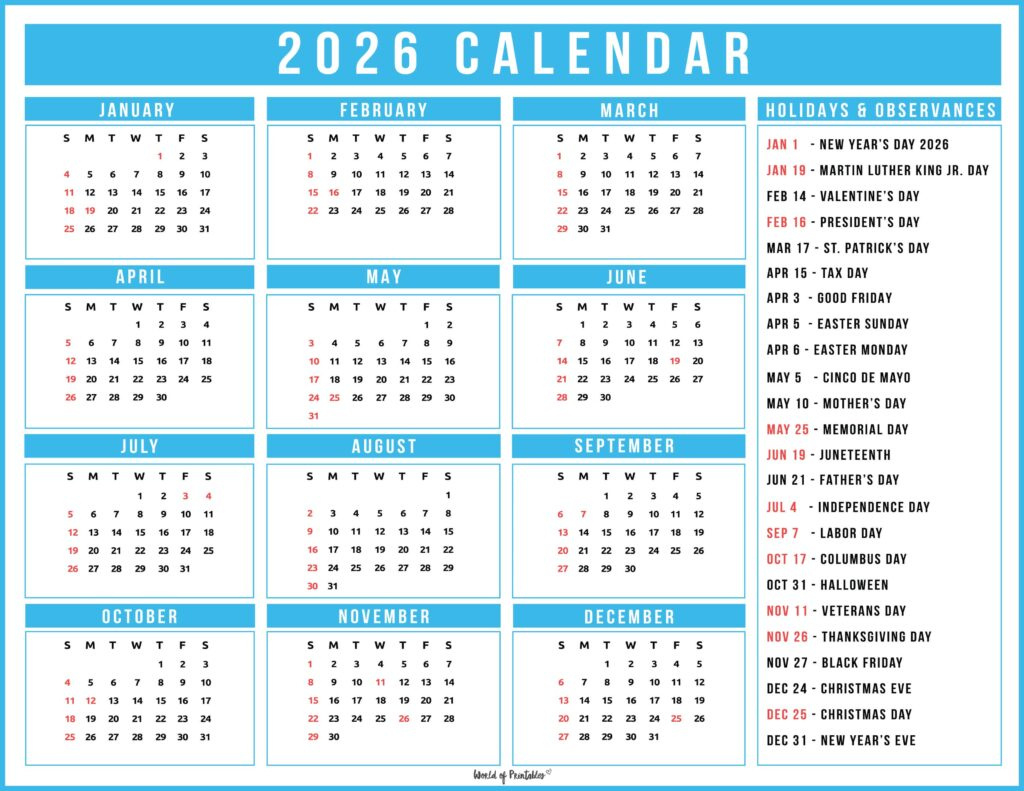 2026 Calendar With Holidays (Free Printable Pdfs) - World Of pertaining to Holiday Calendar 2026 Printable