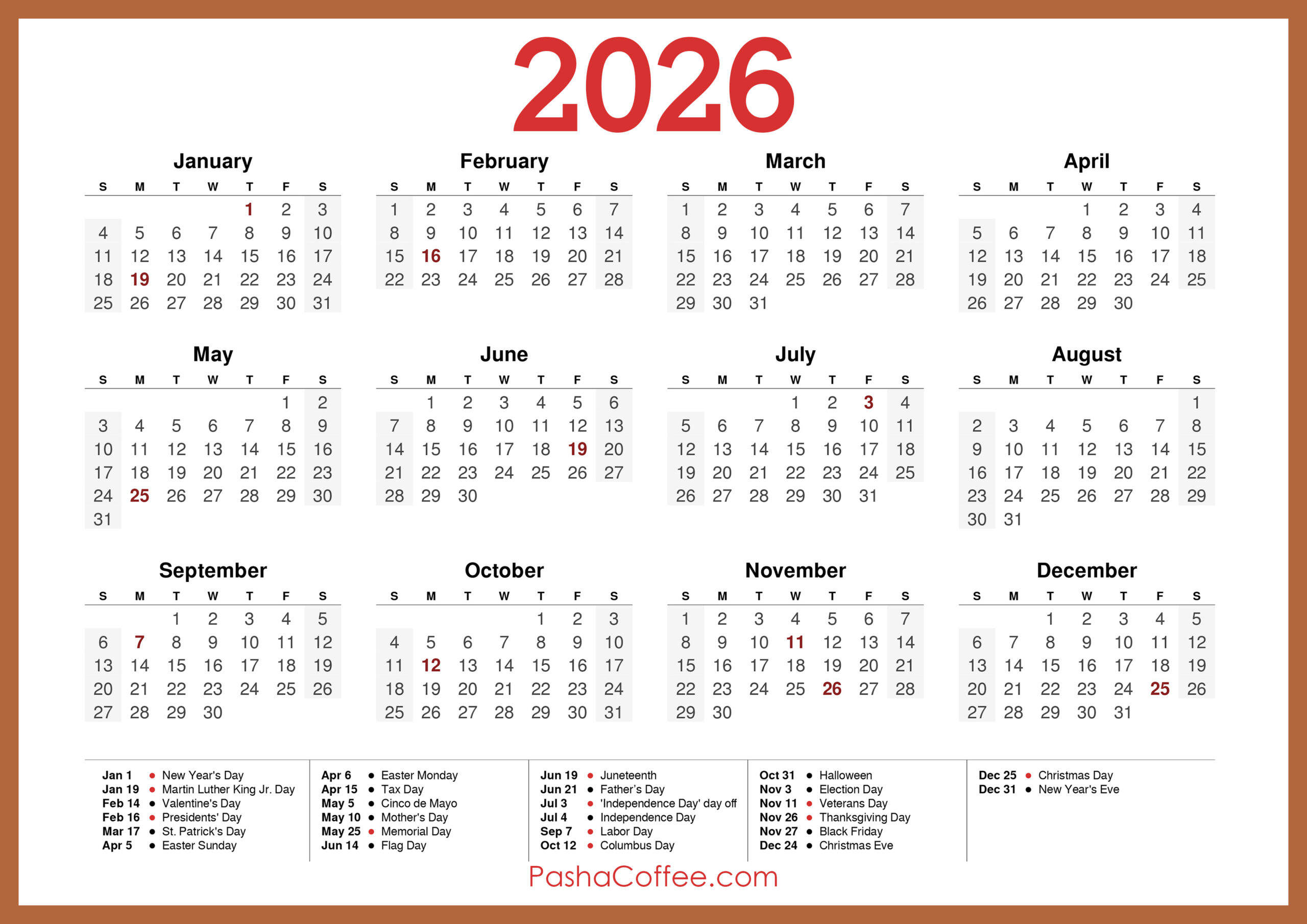 2026 Calendar With Holidays, Printable Free, Horizontal, Beige inside 2026 Calendar Printable Philippines