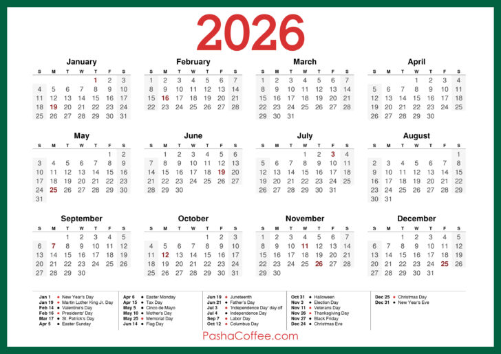 With Holidays 2026 Calendar Printable