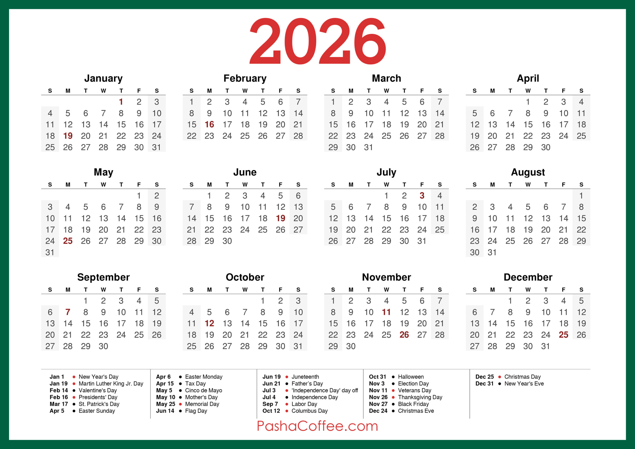 2026 Calendar With Holidays, Printable Free, Horizontal, Green with With Holidays 2026 Calendar Printable