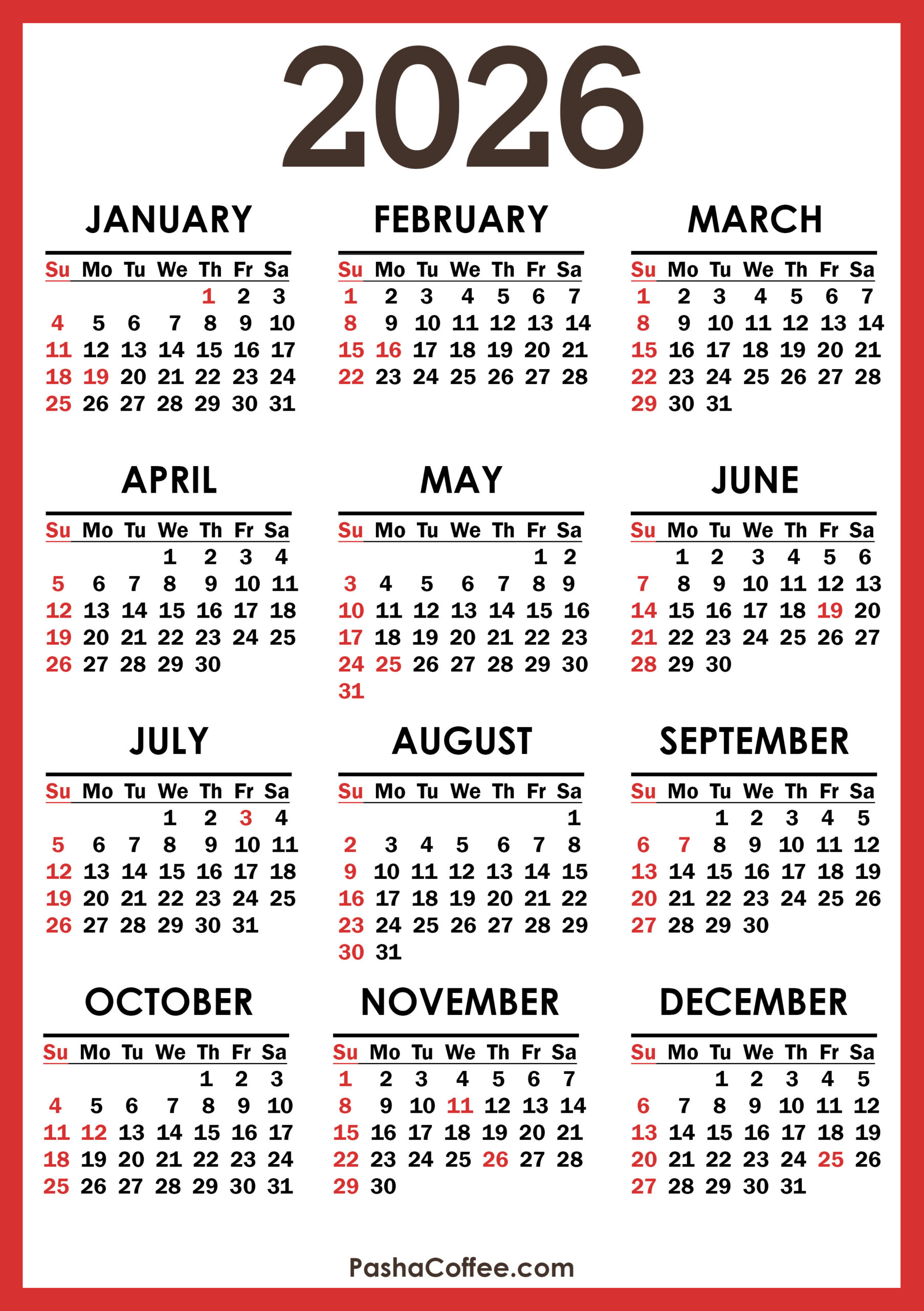 2026 Calendar With Holidays, Printable Free, Vertical, Red intended for 2026 Calendar with Holidays Printable