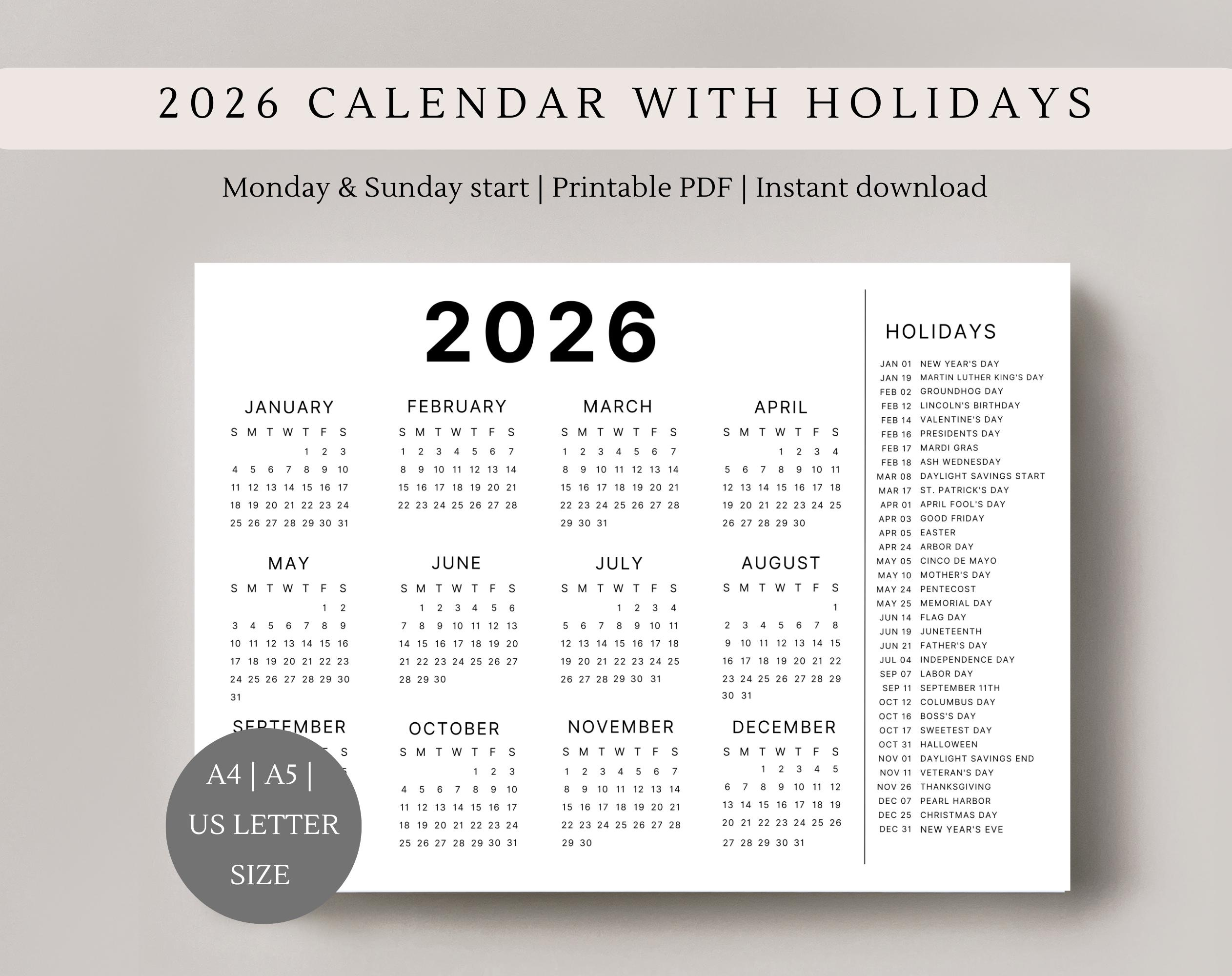 2026 Calendar With Holidays | Single Page | Full Year Calendar intended for Printable 8x10 2026 Calendar
