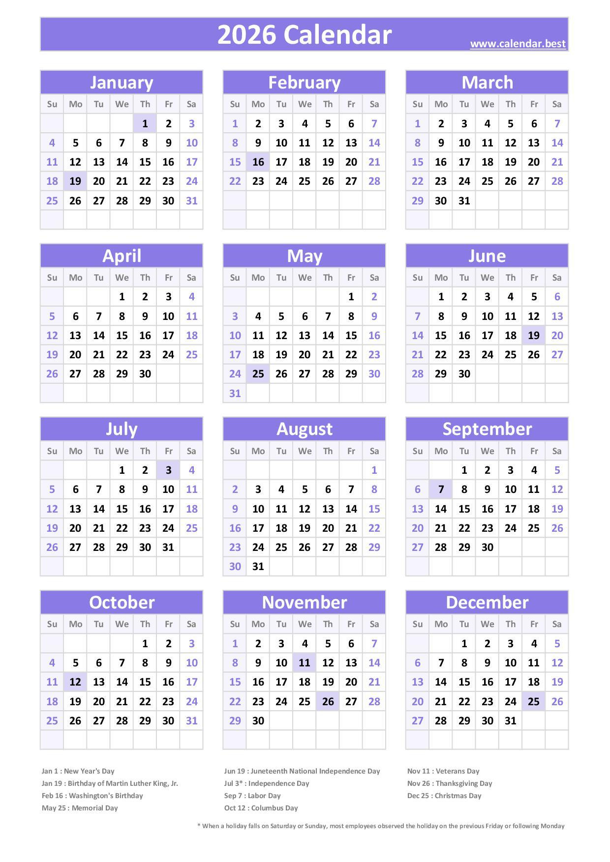 2026 Calendar With Holidays (Us Federal Holidays) in 2026 Calendar Printable Trinidad
