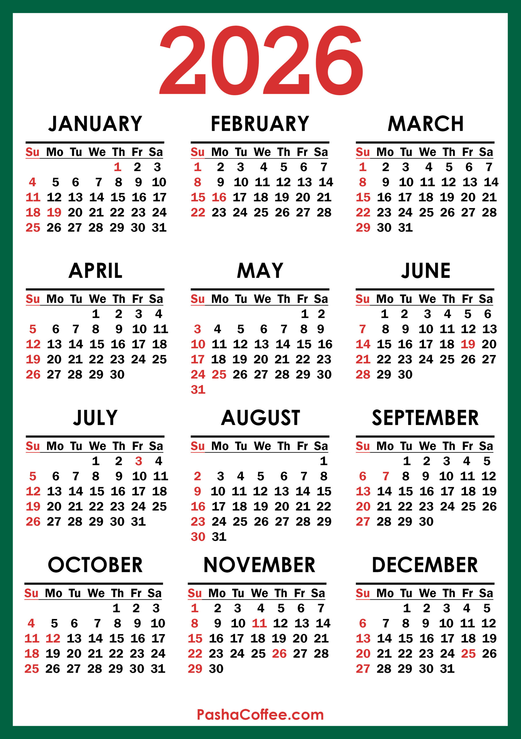 2026 Calendar With Us Holidays, Printable Free, Vertical with Free Printable 2026 Calendar with Holidays Us