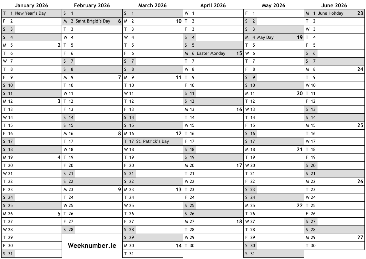 2026 Calendar With Week Numbers And Holidays For Ireland intended for Calendar 2026 Printable Free Ireland