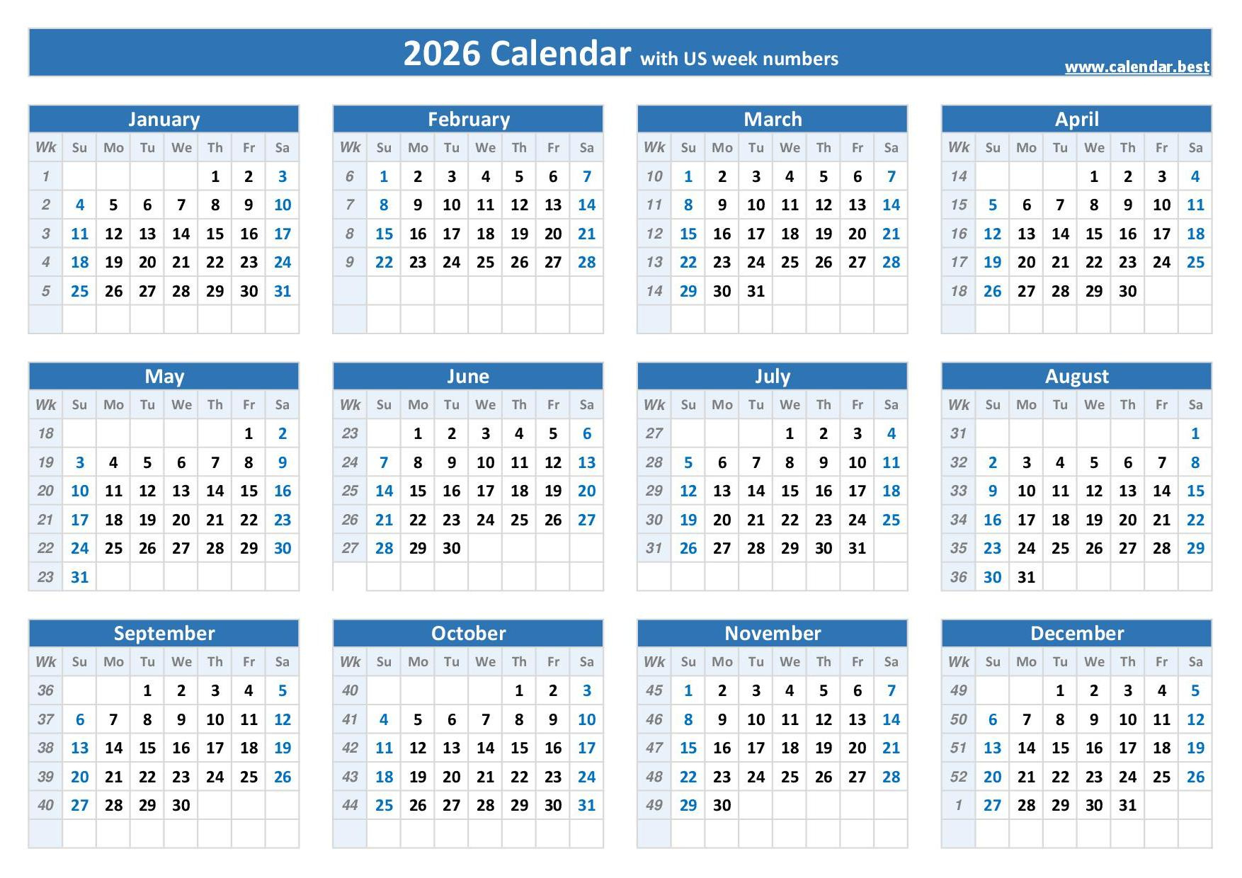 2026 Calendar With Week Numbers pertaining to Weekly Calendar 2026 Printable
