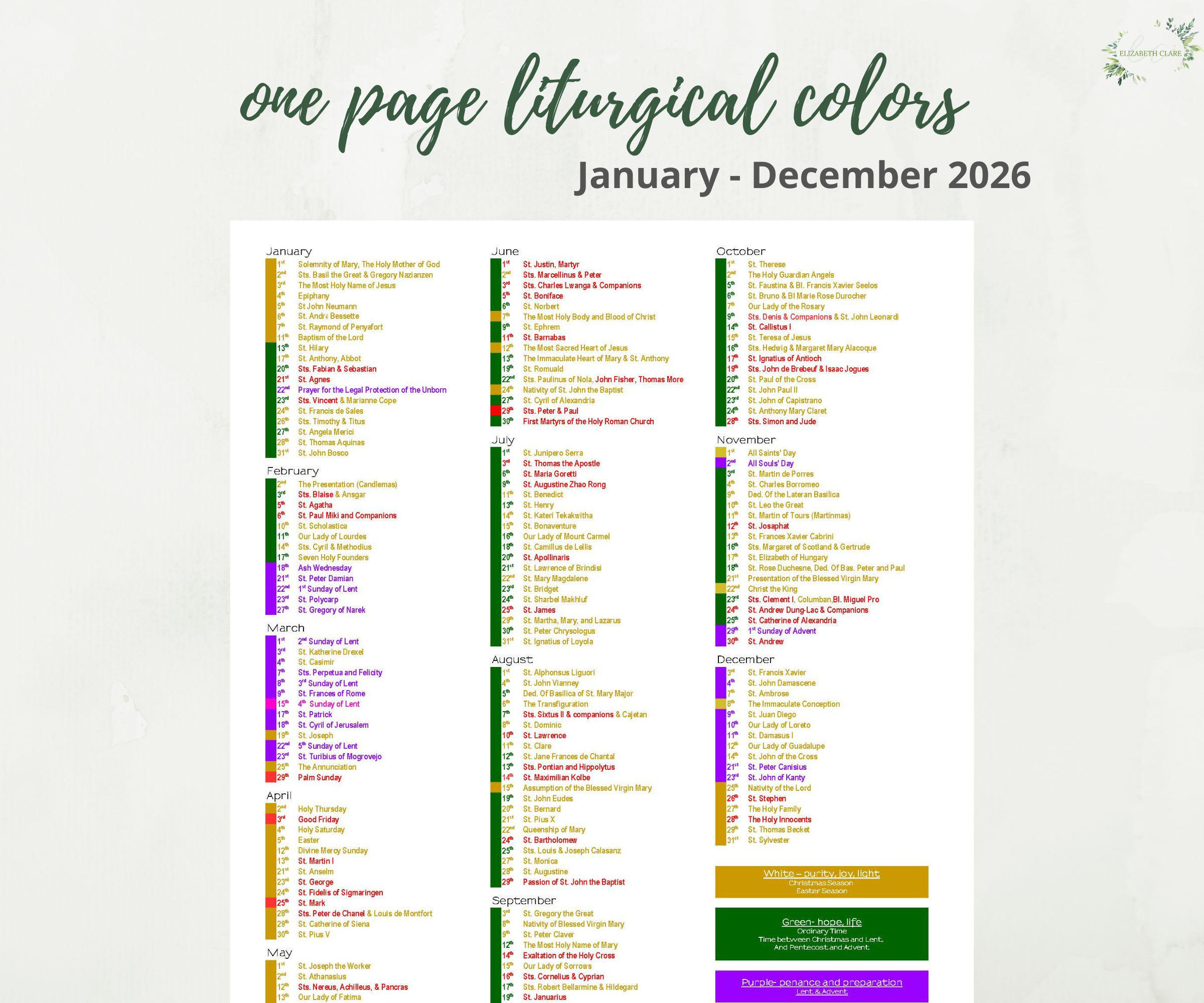 2026 Catholic Liturgical Year Calendar At A Glance: Liturgical throughout Pcusa Liturgical Calendar 2026