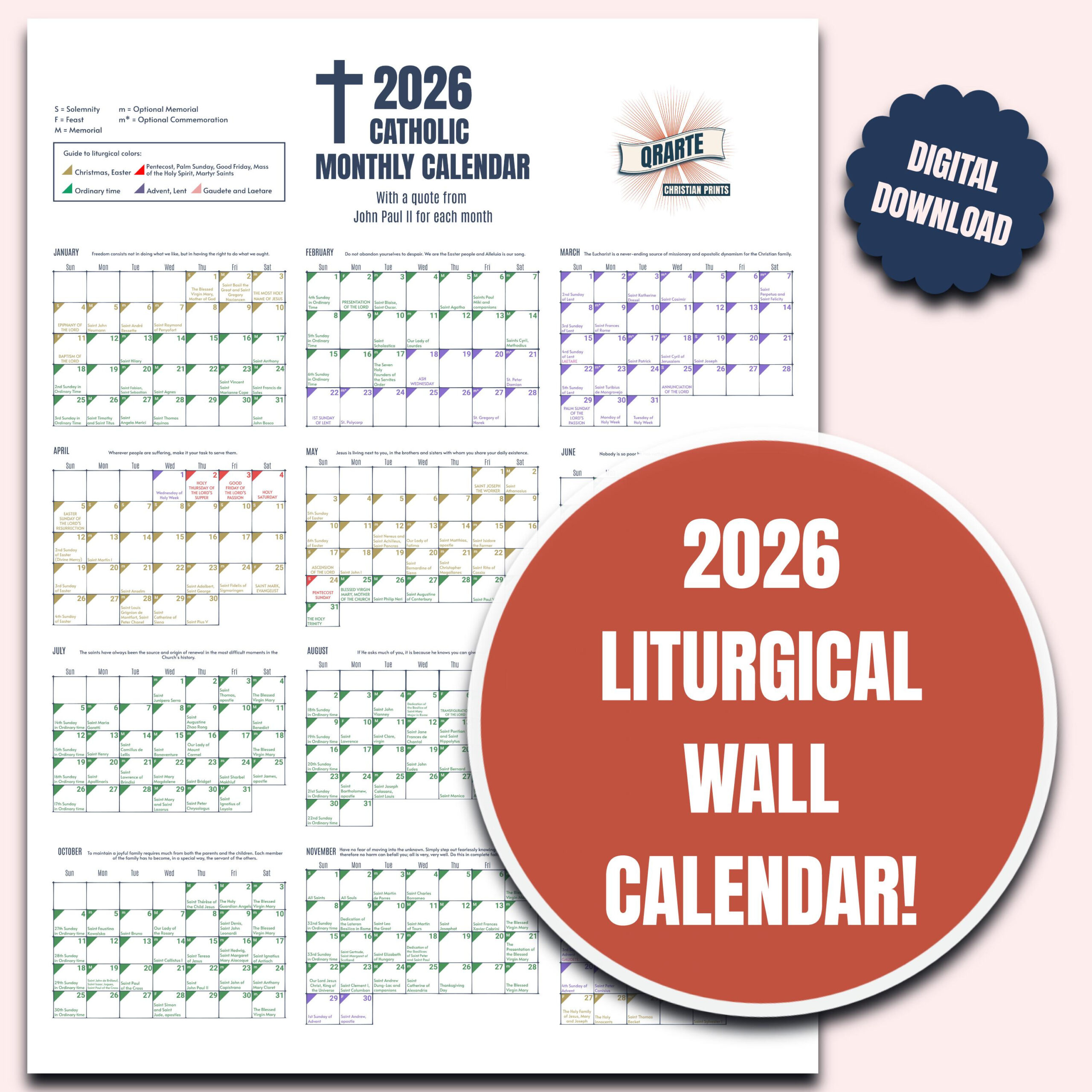 2026 Color-Coded Liturgical Calendar - Instant Download Catholic throughout Liturgical Wall Calendar 2026
