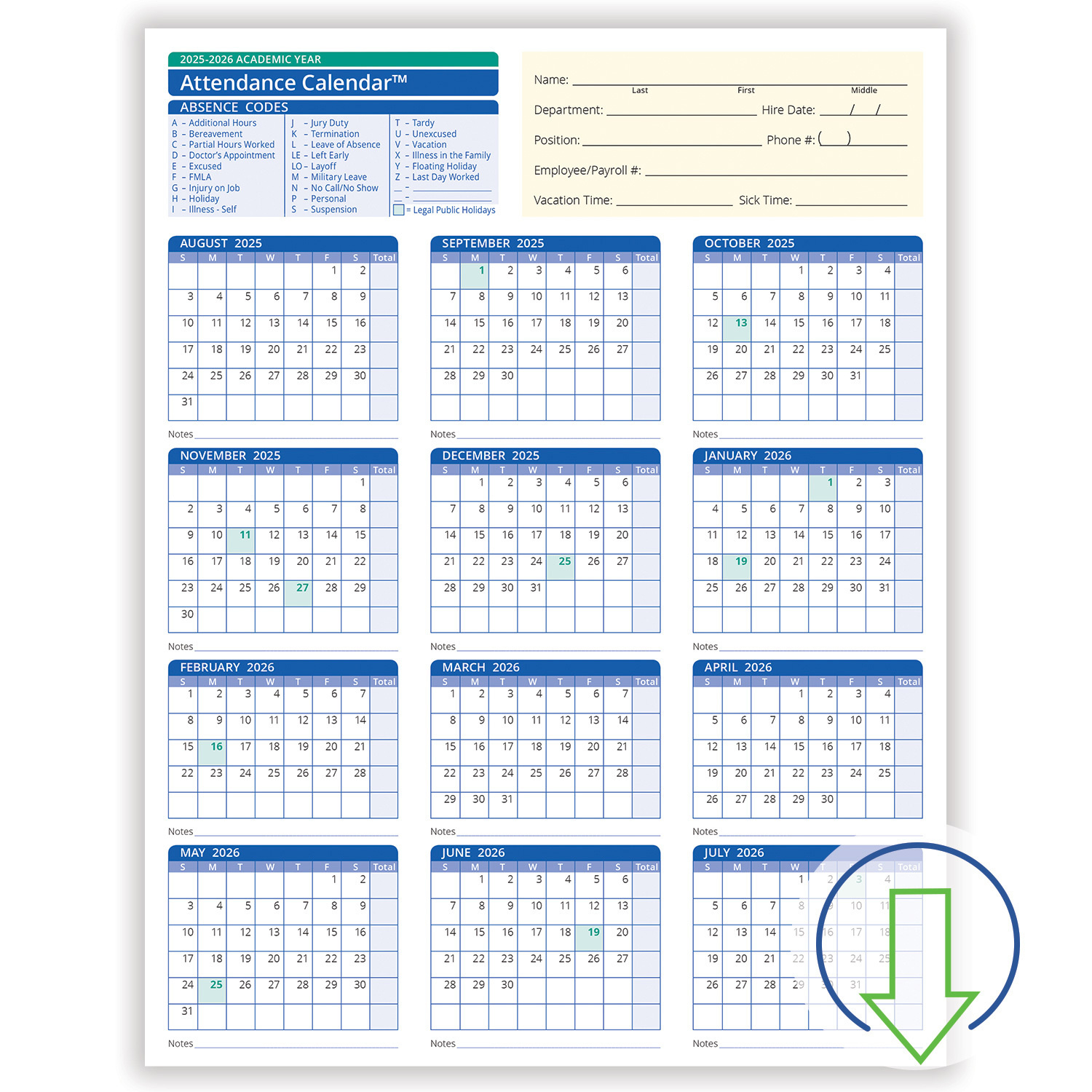 2026 Downloadable Academic Year Employee Attendance Calendar intended for Free Printable Employee Attendance Calendar