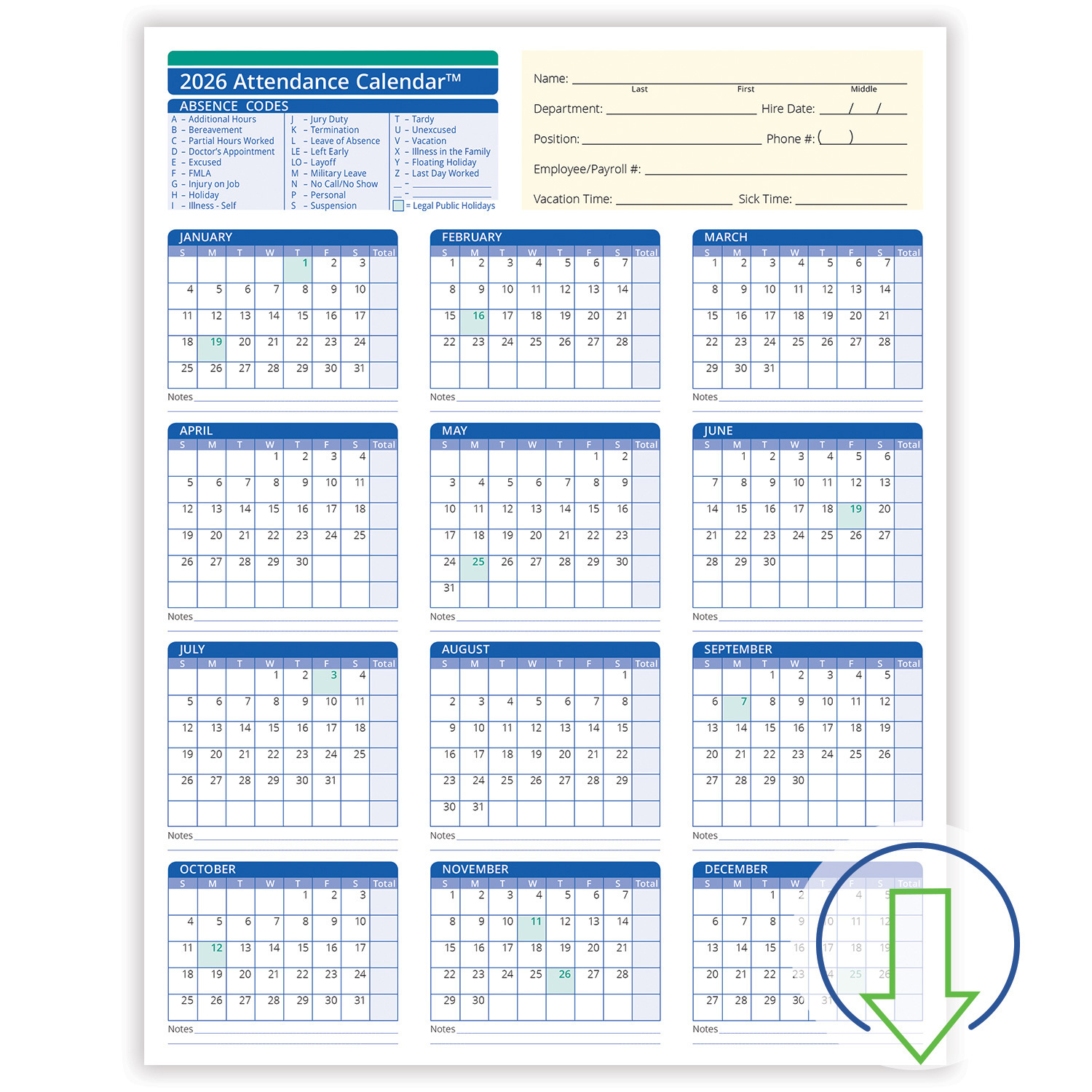 2026 Downloadable Employee Attendance Calendar | Hrdirect inside Employee Attendance Calendar 2026 Template Free