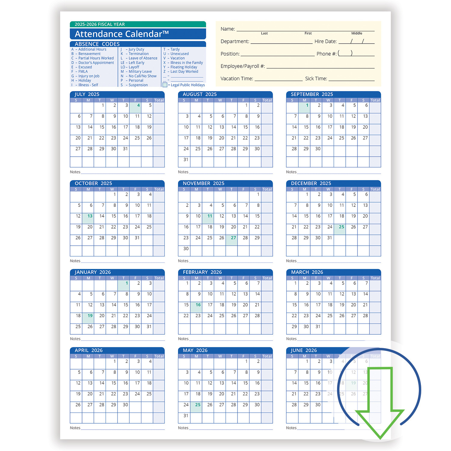 2026 Downloadable Fiscal Year Employee Attendance Calendar | Hrdirect throughout 2026 Attendance Schedule Printable