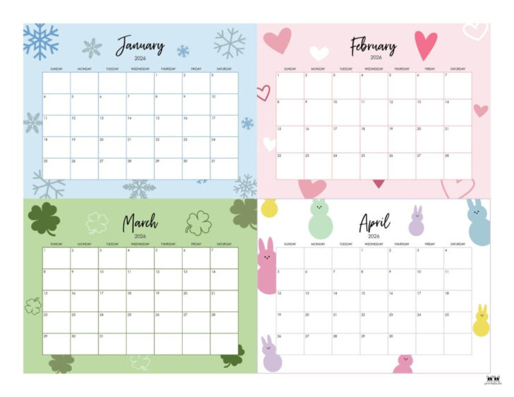 January to April 2026 Calendar Printable