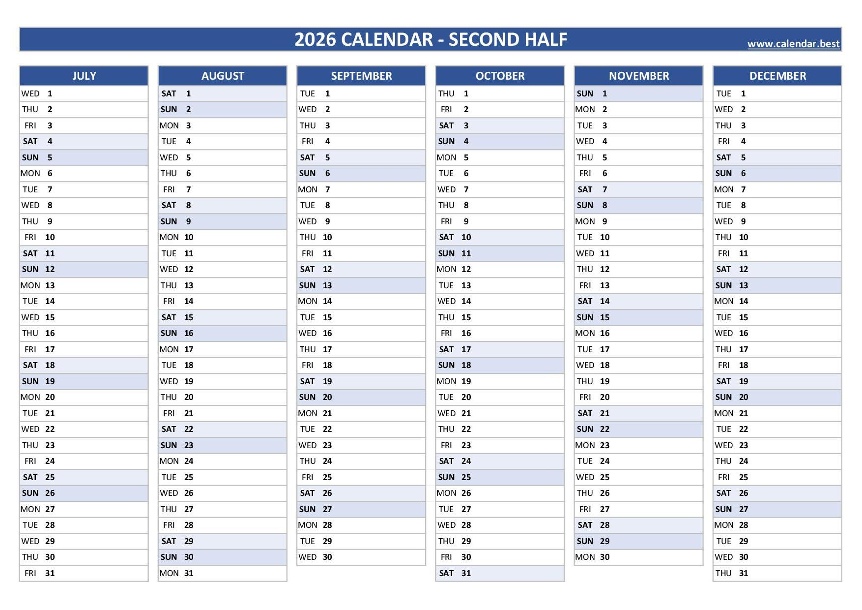 2026 Half Year Calendar To Print for 6 Month Calendar 2026 Printable Free