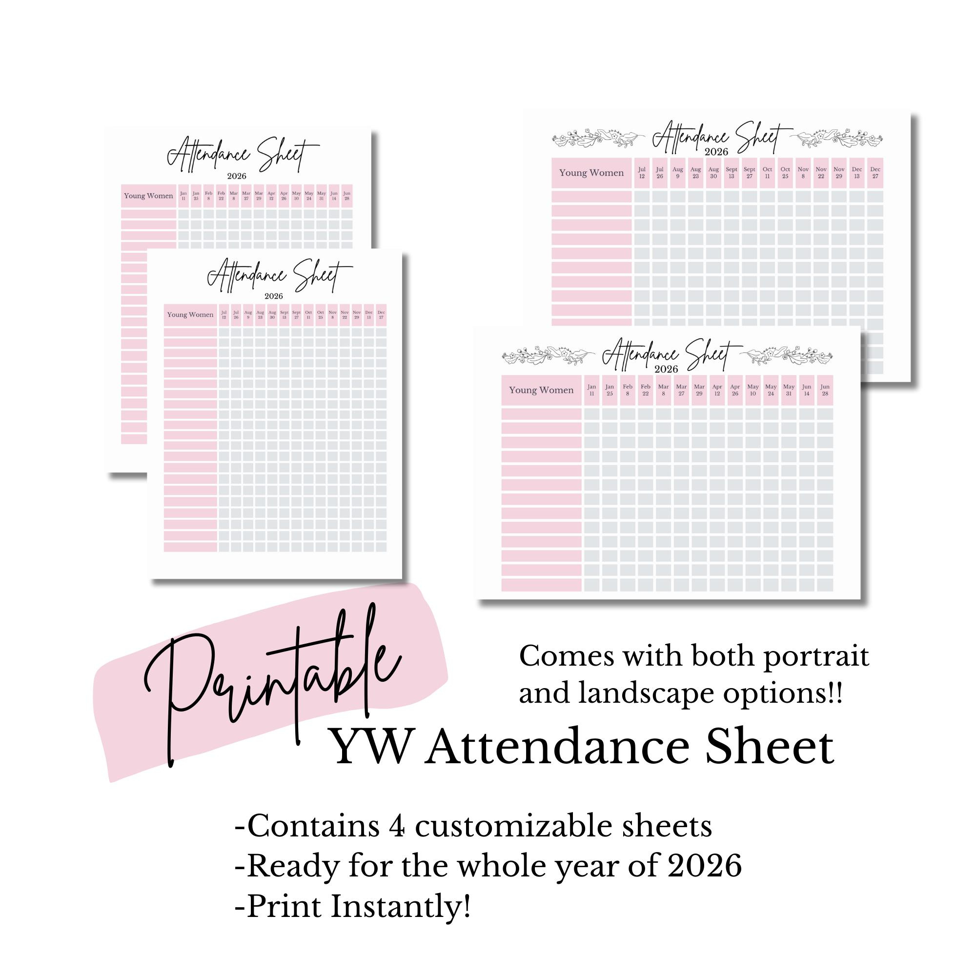 2026 Junge Frauen Anwesenheitsliste - Etsy.de with 2026 Attendance Sheets
