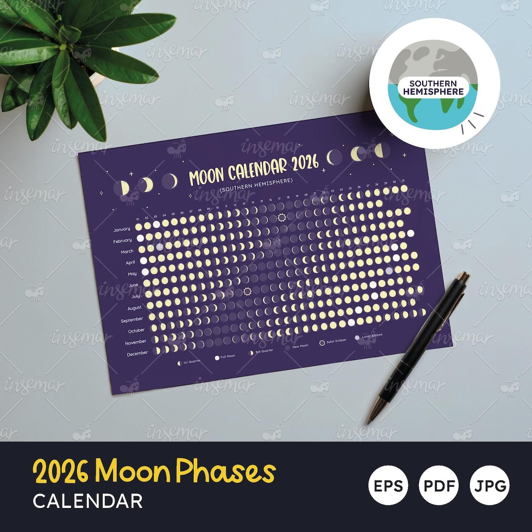 2026 Lunar Calendar Poster: Southern Hemisphere Moon Phases pertaining to Southern Hemisphere Moon Phase Calendar 2026