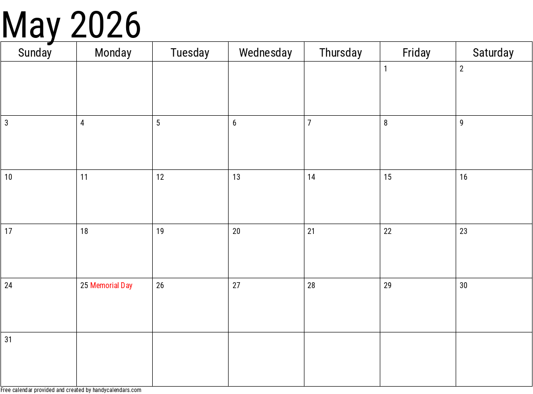 2026 May Calendars - Handy Calendars pertaining to May 2026 Calendar Printable Free