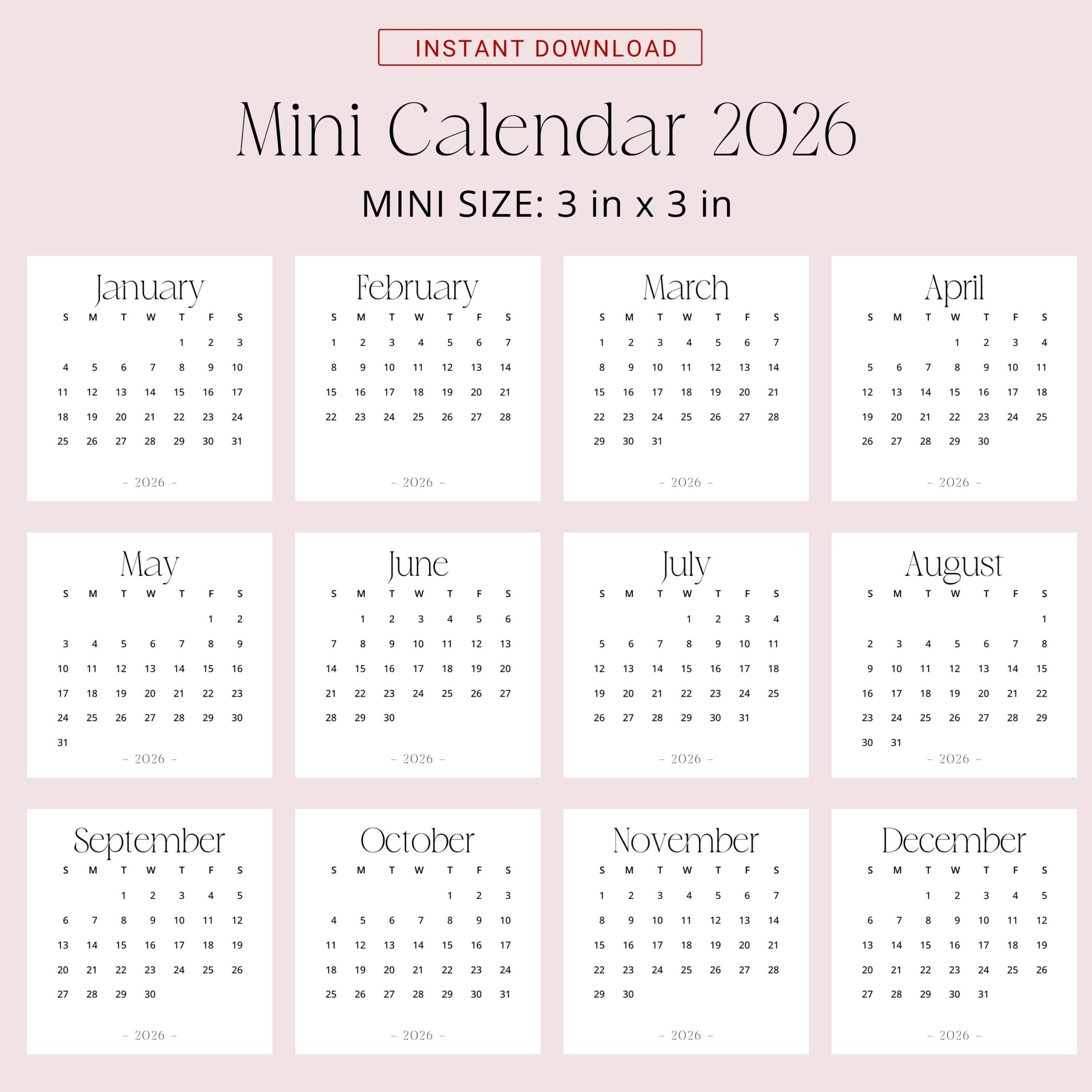 2026 Mini Calendar 3X3 2026 Calendar Small Printable Pdf 2026 for Mini Calendar 2026 Printable