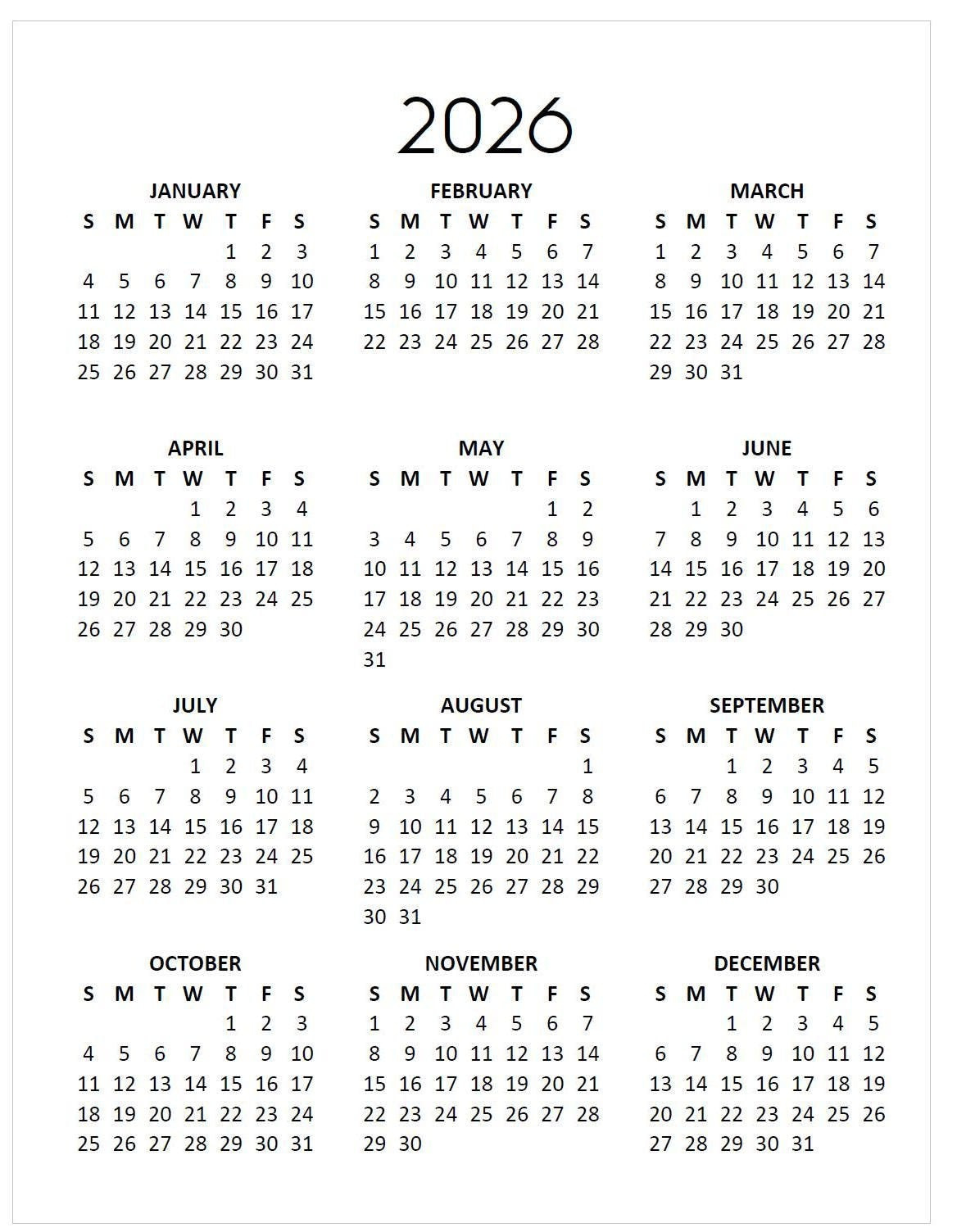 2026 Minimalist Calendar: Year At-A-Glance Printable (Instant in Calendar 2026 Printable Ireland