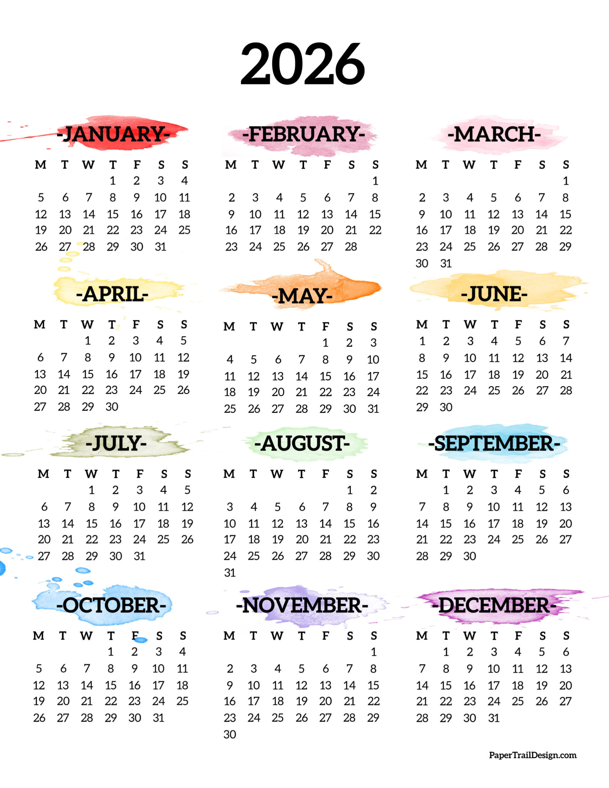 2026 Monday Start Calendar One Page - Paper Trail Design with 2026 Calendar Printable Monday Start