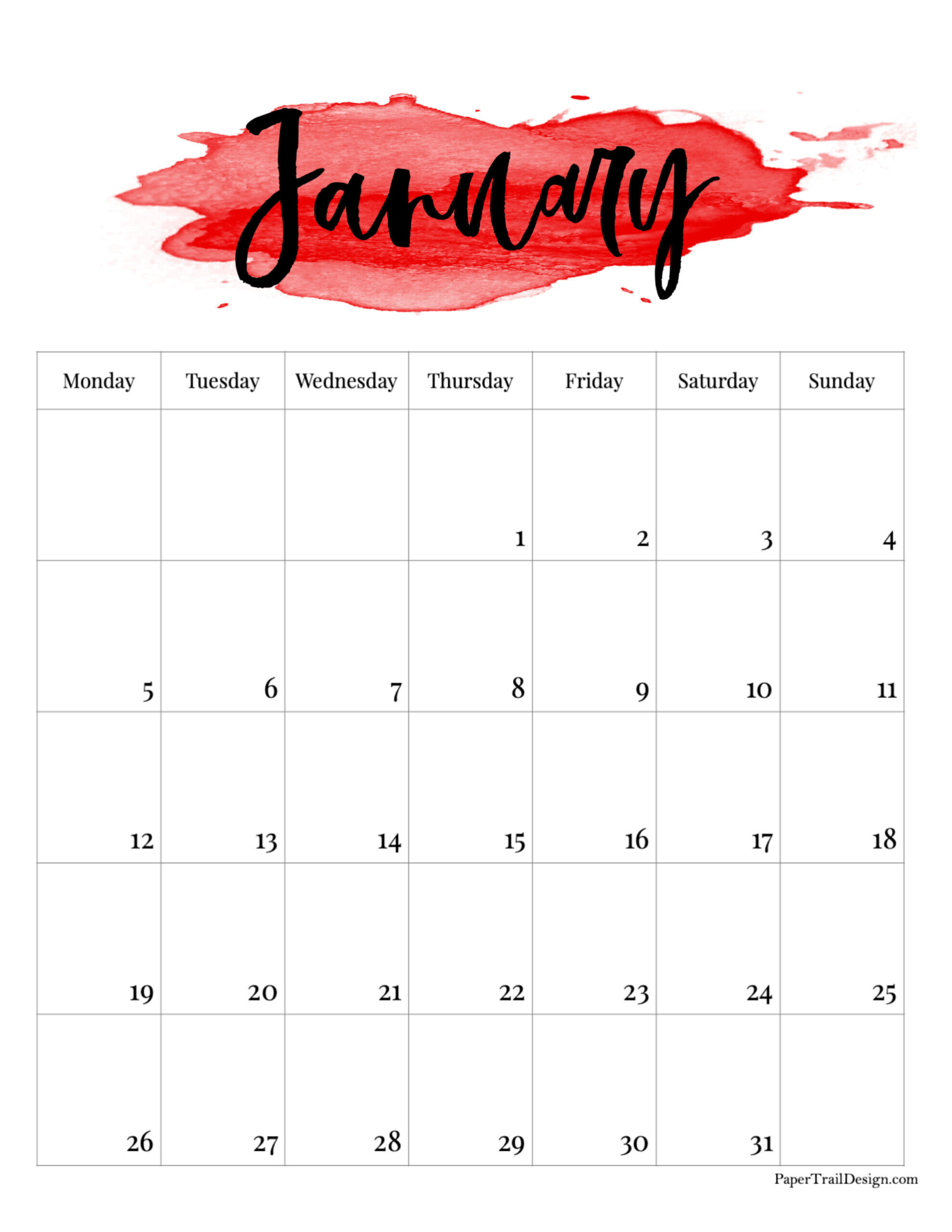 2026 Monday Start Watercolor Calendar - Paper Trail Design with January 2026 Calendar Printable Monday Start