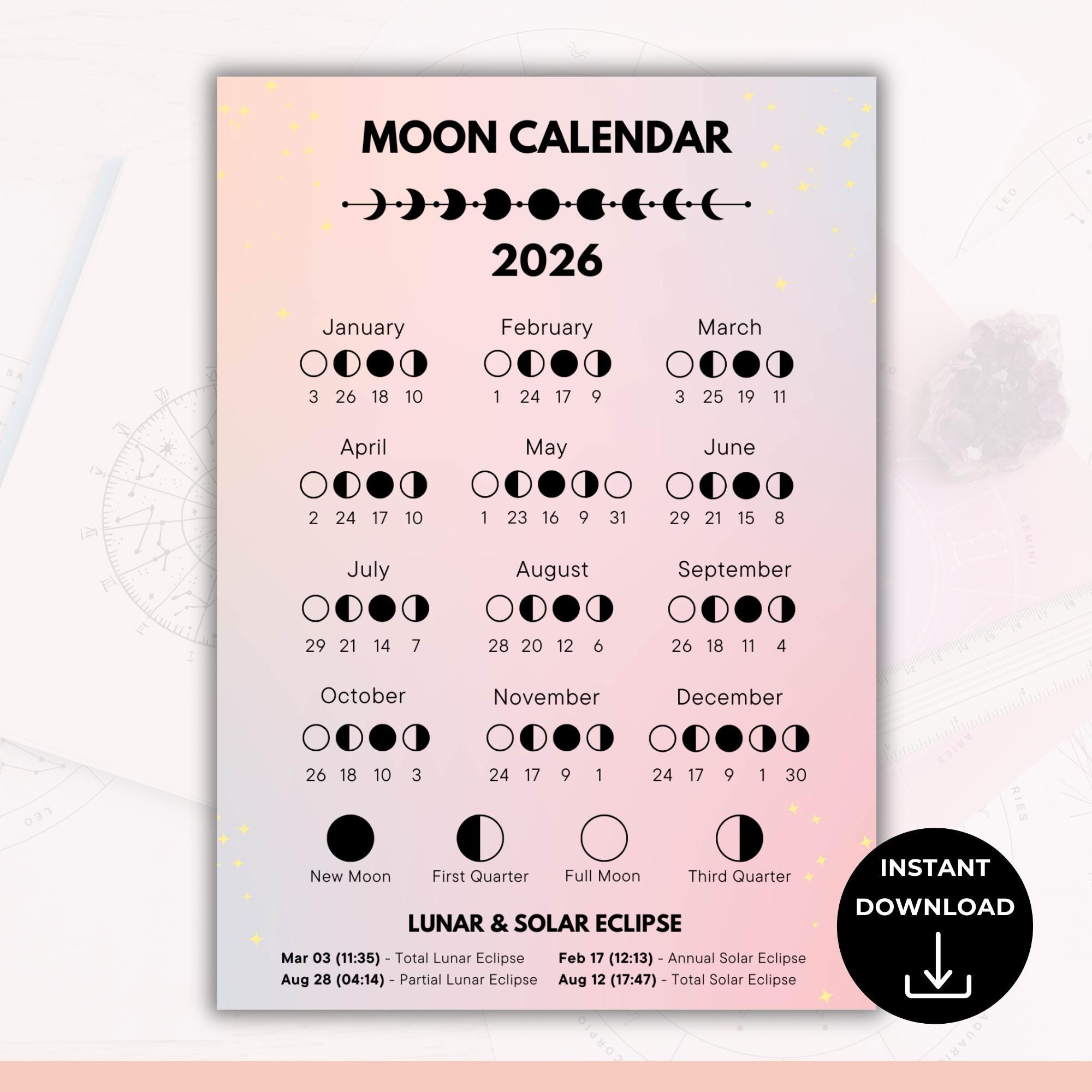 2026 Moon Phases Calendar, Lunar Calendar, Astrology Calendar intended for Full Moon Calendar 2026 India